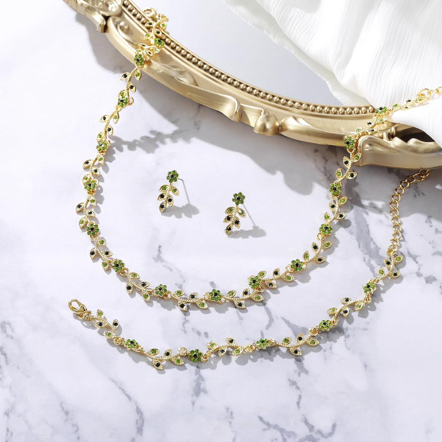 BriLove Wedding Jewelry Set for Women Bride, Gorgeous Stunning Crystal Flower Leaf Cluster Choker Necklace Link Bracelet Stud Earrings Bridal Bridesmaid - Image 4