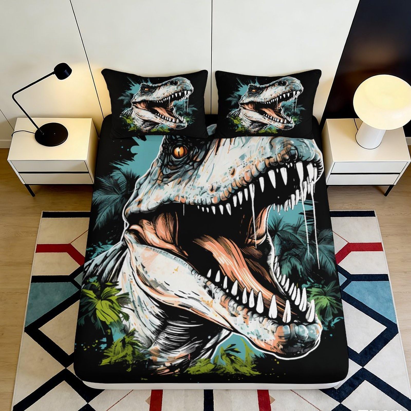 Pnayamiorkfel Style-1 3D Printed Dinosaur Jungle Fitted Sheet Microfiber Soft Black Green T-Rex Bed Cover For Bedroom Guest Room Mattress Decor 90X200x25cm