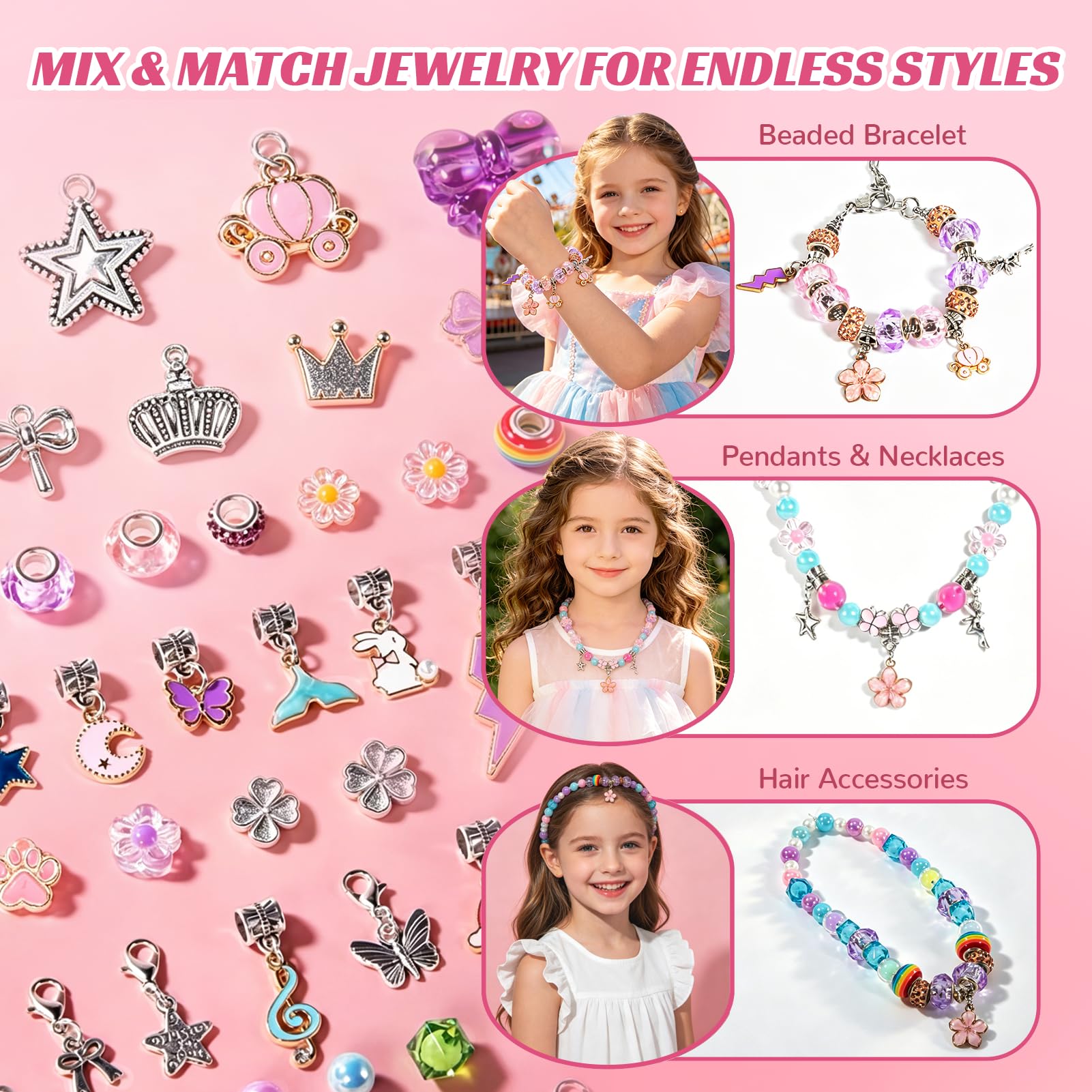 JeeMoien Charm Armband Bastelset Für Mädchen 5 6 7 8–12, Freundschaftsarmband Set DIY Schmuck Bastelset Geburtstagsgeschenk Spielzeug Für 6 7 8 9 10 11 Jährige Mit Tragbarer Schmuckbox, Rosa