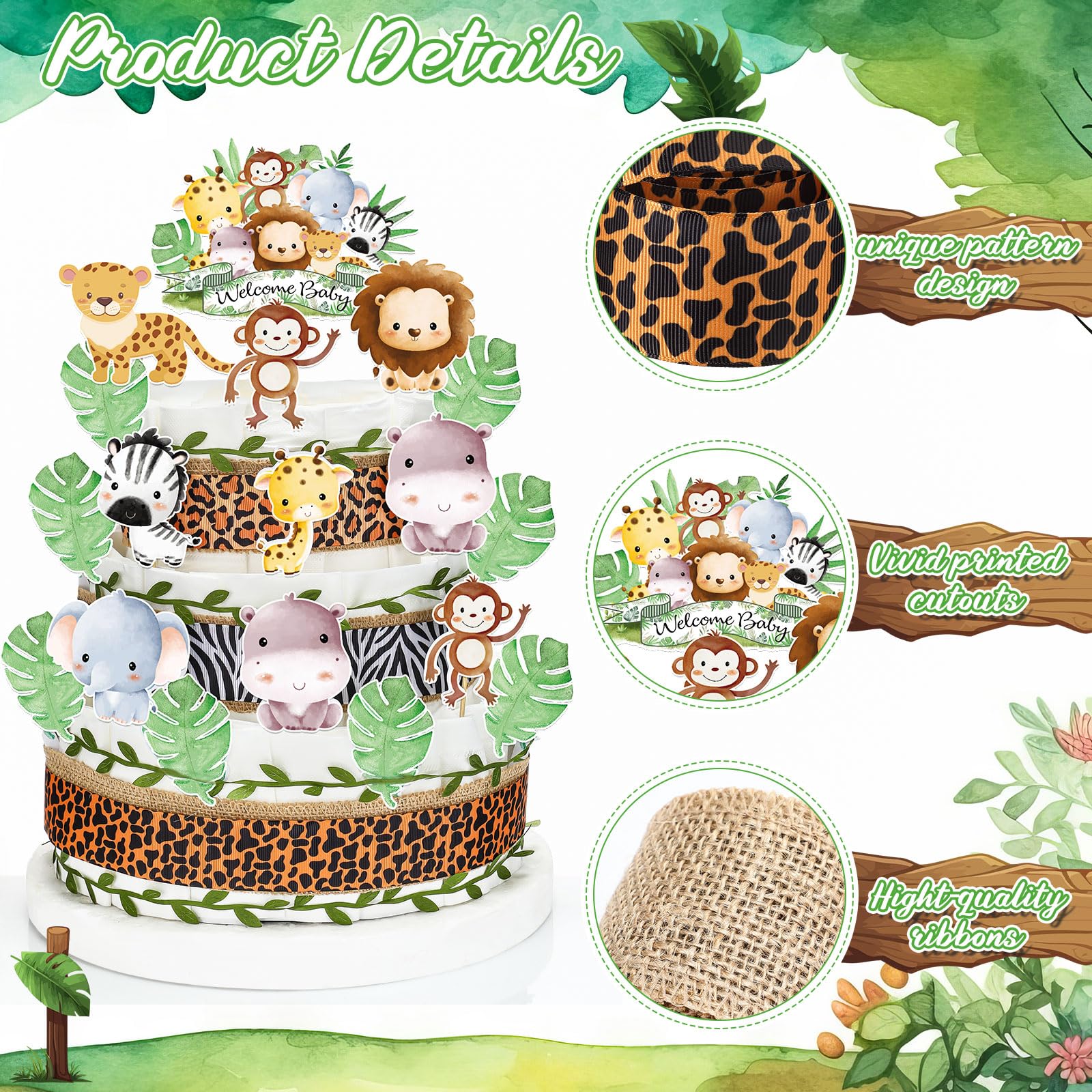 MotiMind Juego de 31 piezas de pasteles de pañales de animales de la selva, decoración de pastel de pañales para baby shower con recortes de animales de safari, cinta de hojas de arpillera, cinta con