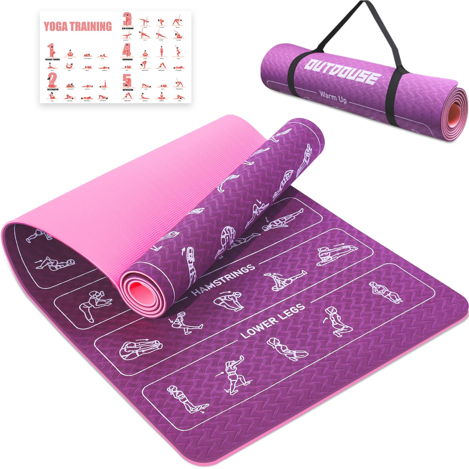 Yoga Matte, TPE 6mm Dicke Hautfreundliche Yogamatte Rutschfest Gymnastikmatte Pilates Gymnastik Meditation Stretching mit Trageriemen&Tasche Home Workout Sportmatte 183x61cm