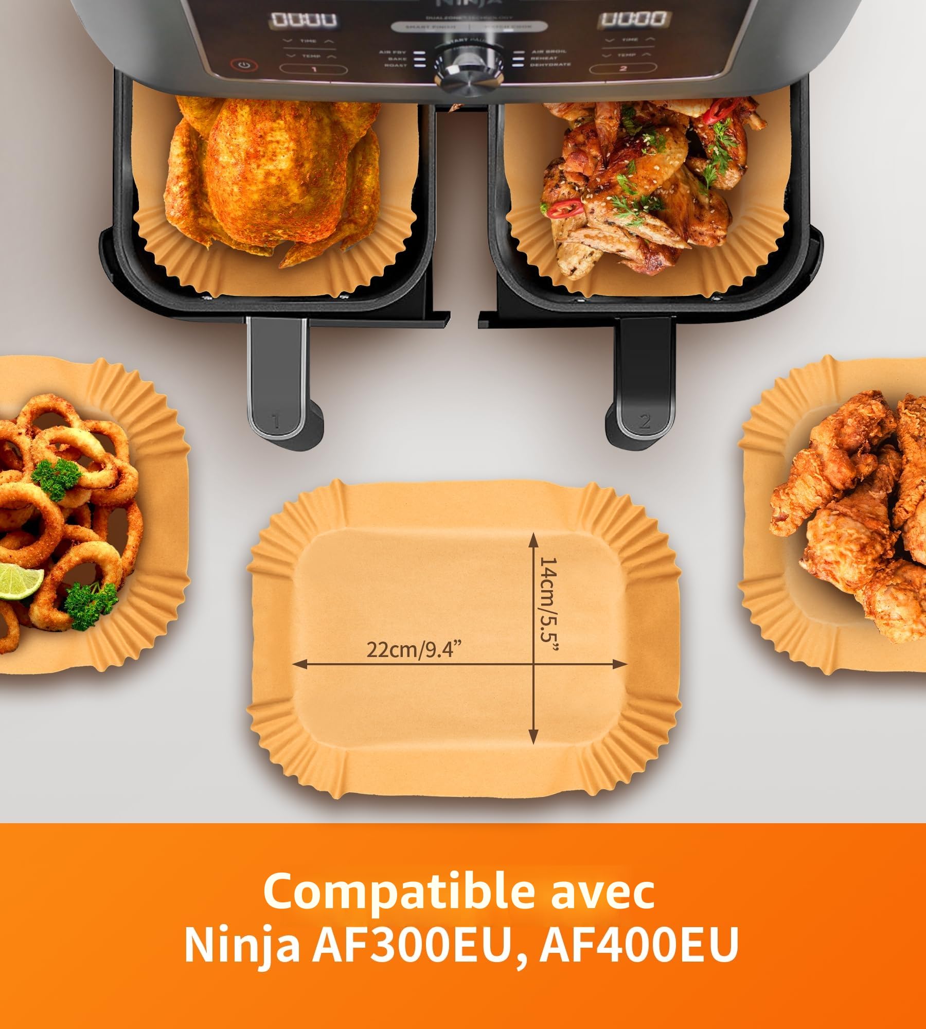 Papier Cuisson Air Fryer 100 szt, Papier Sulfurisé Air Fryer Accessoires Double Stack XL SL400EU, AF400EU, AF300EU, 22x14cm Rectangulair Paper Liners Friteuse Sans Huile