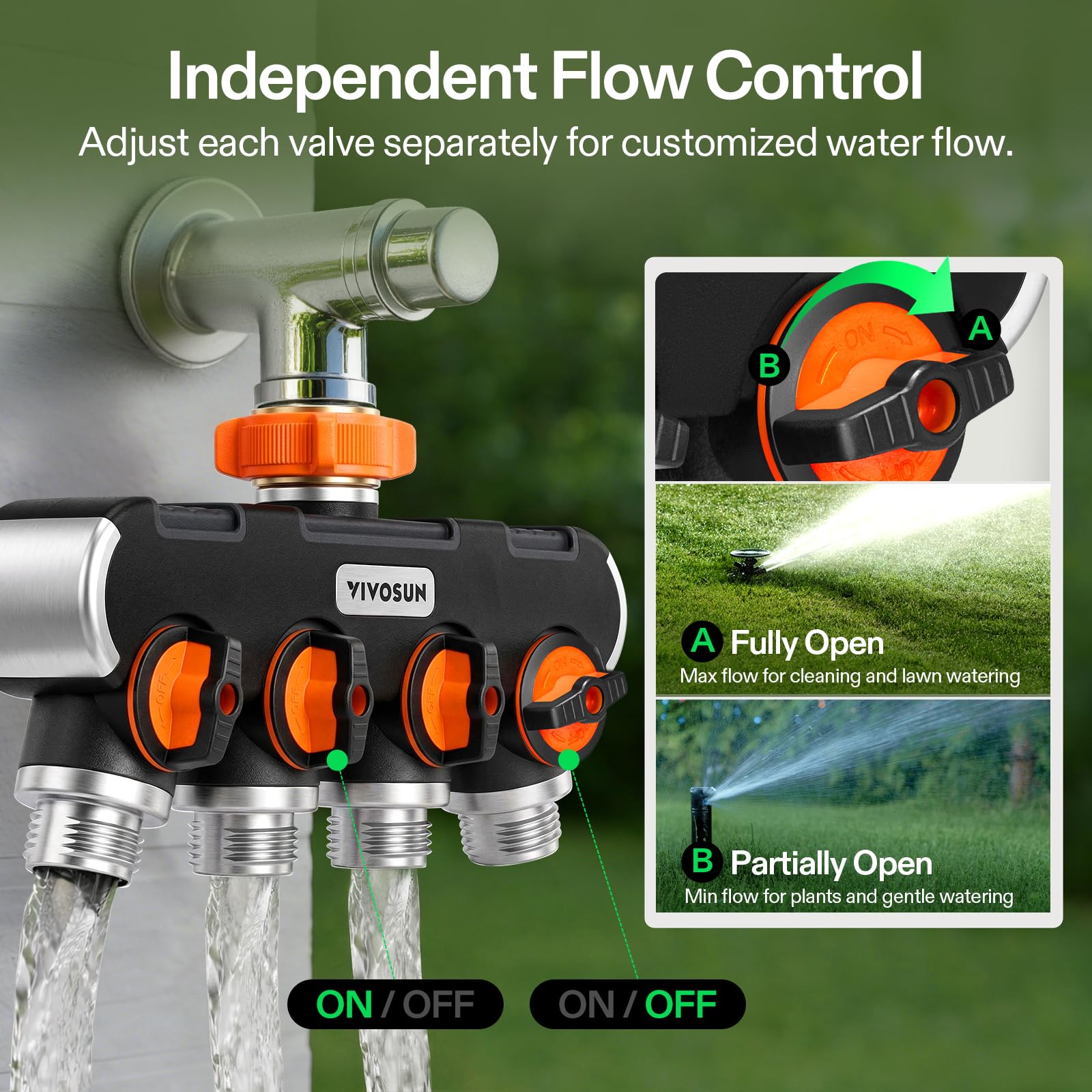 VIVOSUN 4-Wege-Gartenschlauch-Splitter, Wasserschlauchanschluss, Wasserhahn-Adapter mit bequemem, gummiertem Griff für Tropfbewässerung, Rasen