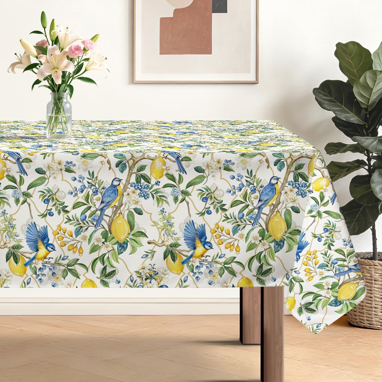 hometrixx Summer Rectangle Table Cloth Lemon Blue Birds Washable Polyester Oil-proof Tablecloth Stain Wrinkle Resistant Table Cover for Party Kitchen Decor Outdoor Picnic, 152 x 264cm