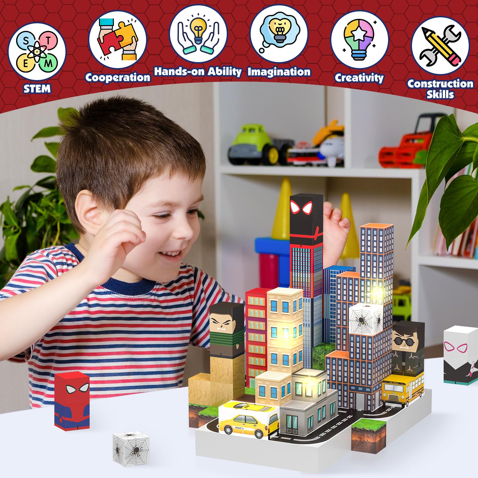 Juego de 150 juguetes de construcción de bloques magnéticos, juguetes de araña, bloques de construcción magnéticos iluminados para niños y niñas a partir de 3 años, cubos magnéticos de 1 4