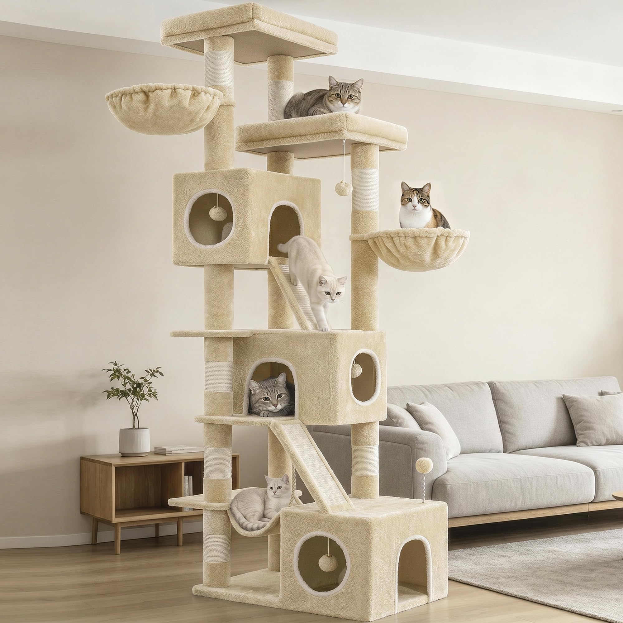 Hzuaneri Arbre à Chat, XXL, Hauteur 209 cm, avec 7 Griffoirs, 3 Niches, 2 Plateformes, 2 Planche à Gratter, Panier, Hamac, Balle en Peluche, Arbre à Chat à Plusieurs Niveaux, Beige MS20918YL