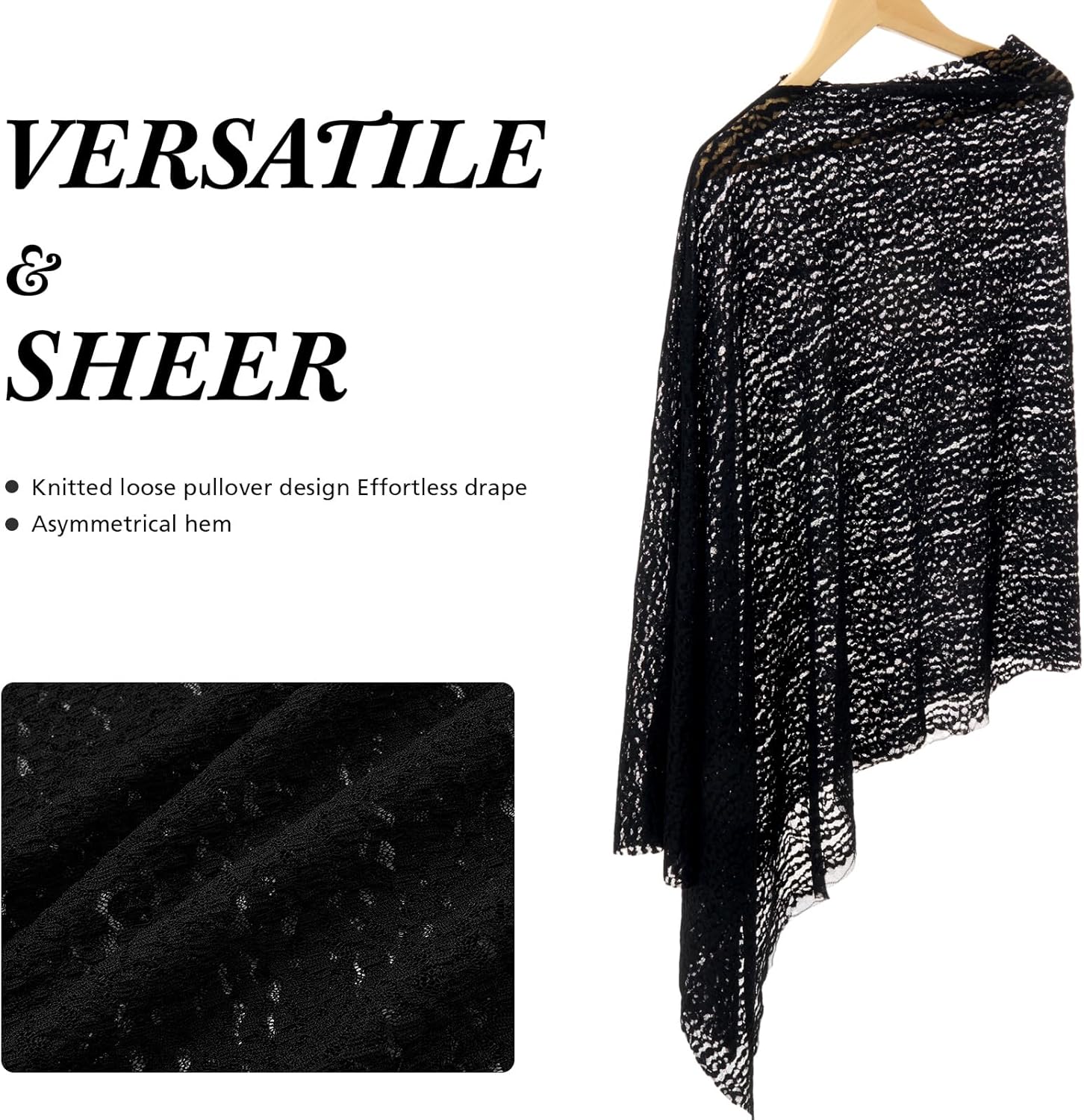 Cuffbow Women Lace Poncho Shrug Lightweight Cape Long Poncho Shrug Summer Sheer Cover-up Top Bolero Shawl for Evening Dress Black - Image 3
