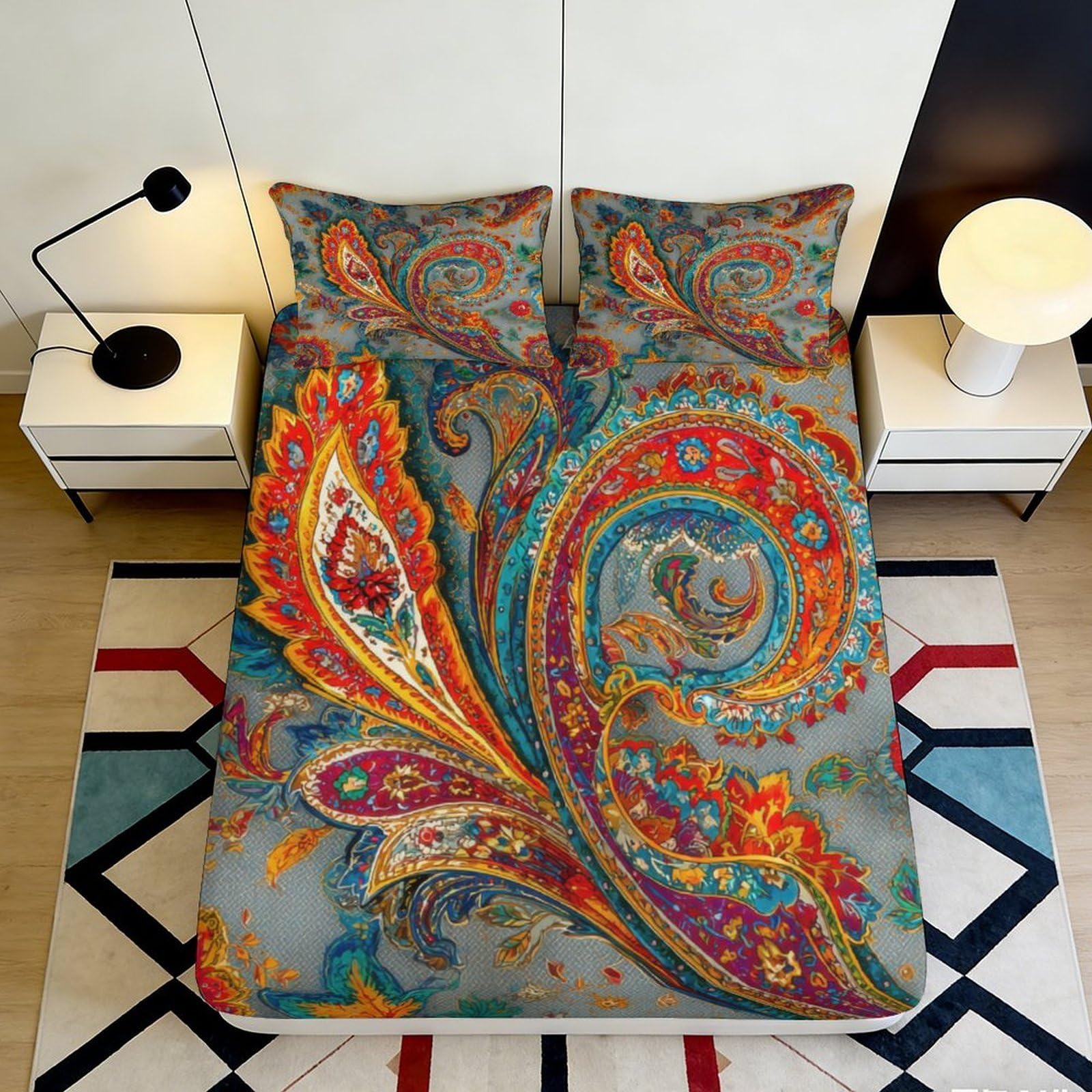 3D Printed Paisley Mandala Fitted Sheet Microfiber Vibrant Boho Bed Cover for Bedroom Guest Room Mattress Decor 90x200x25cm