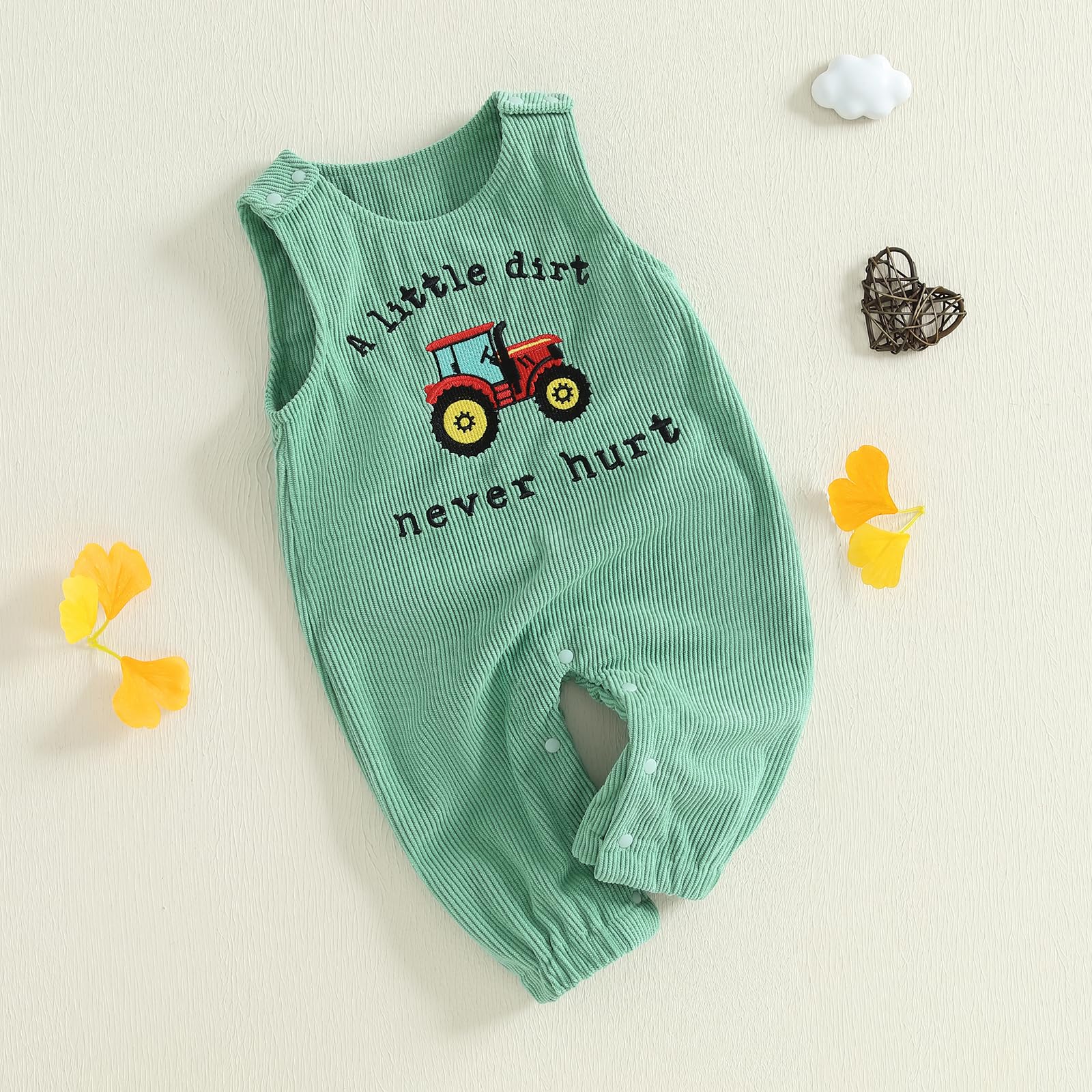 Carolilly Salopette bébé nouveau-né garçon sans manches en velours côtelé col rond broderie tracteur combinaison tout-petits vêtements mignons