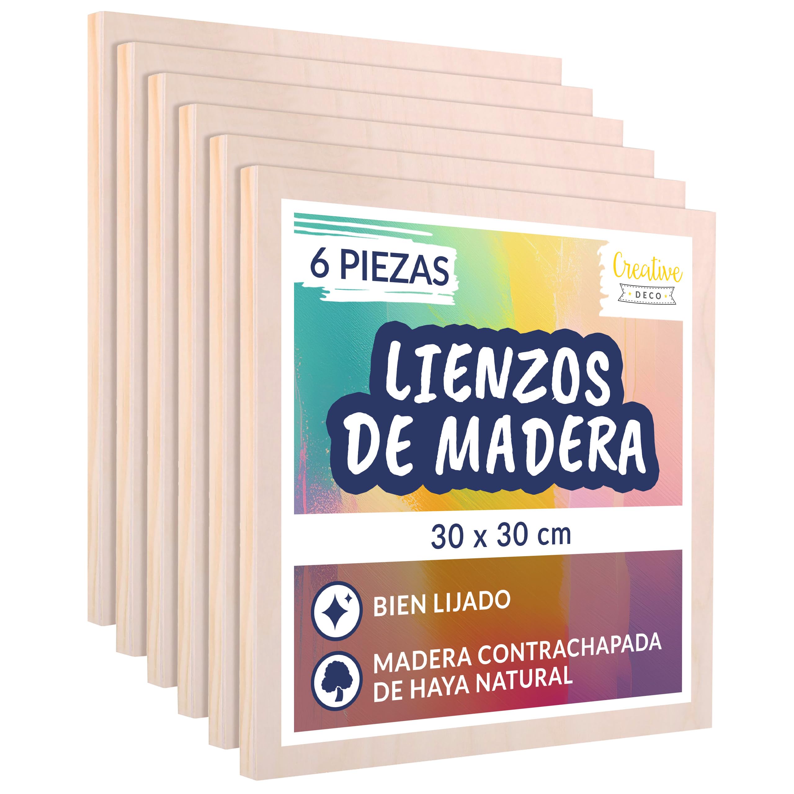 Creative Deco Lienzos Madera para Pintar Acrílico | Set de 6 Piezas | 30 x 30 cm Tableros | Canvas Paneles de Contrachapado | Ideal para Decorar, Grabar, Decoupage, Manualidades y Proyectos Artísticos