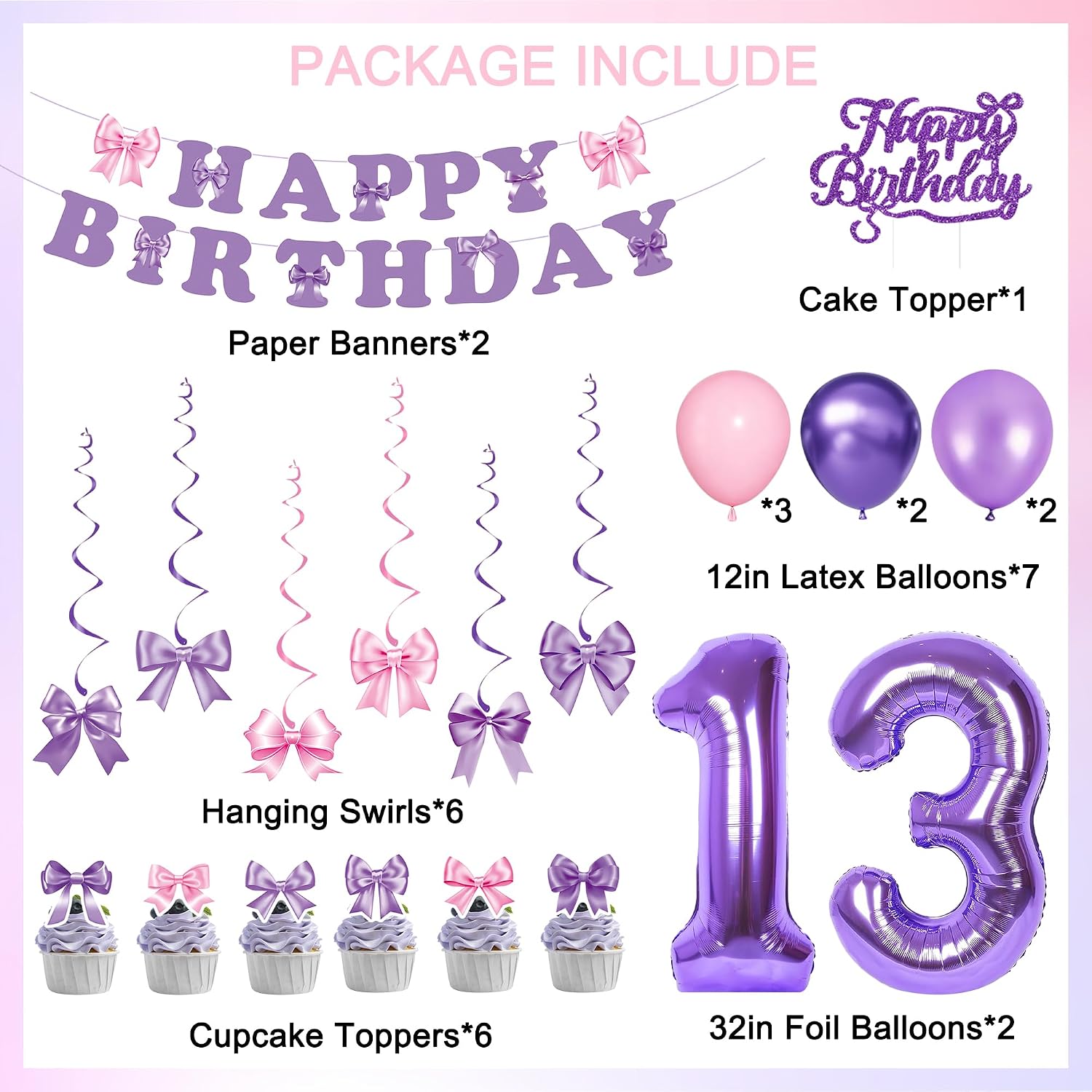 13th Birthday Decorations for Girls - Happy B-day Banner, Number 13 Foil Balloon, Cake Topper, Bow Hanging Swirls Party Decorations, 13th Purple Pink Birthday Party Supplies