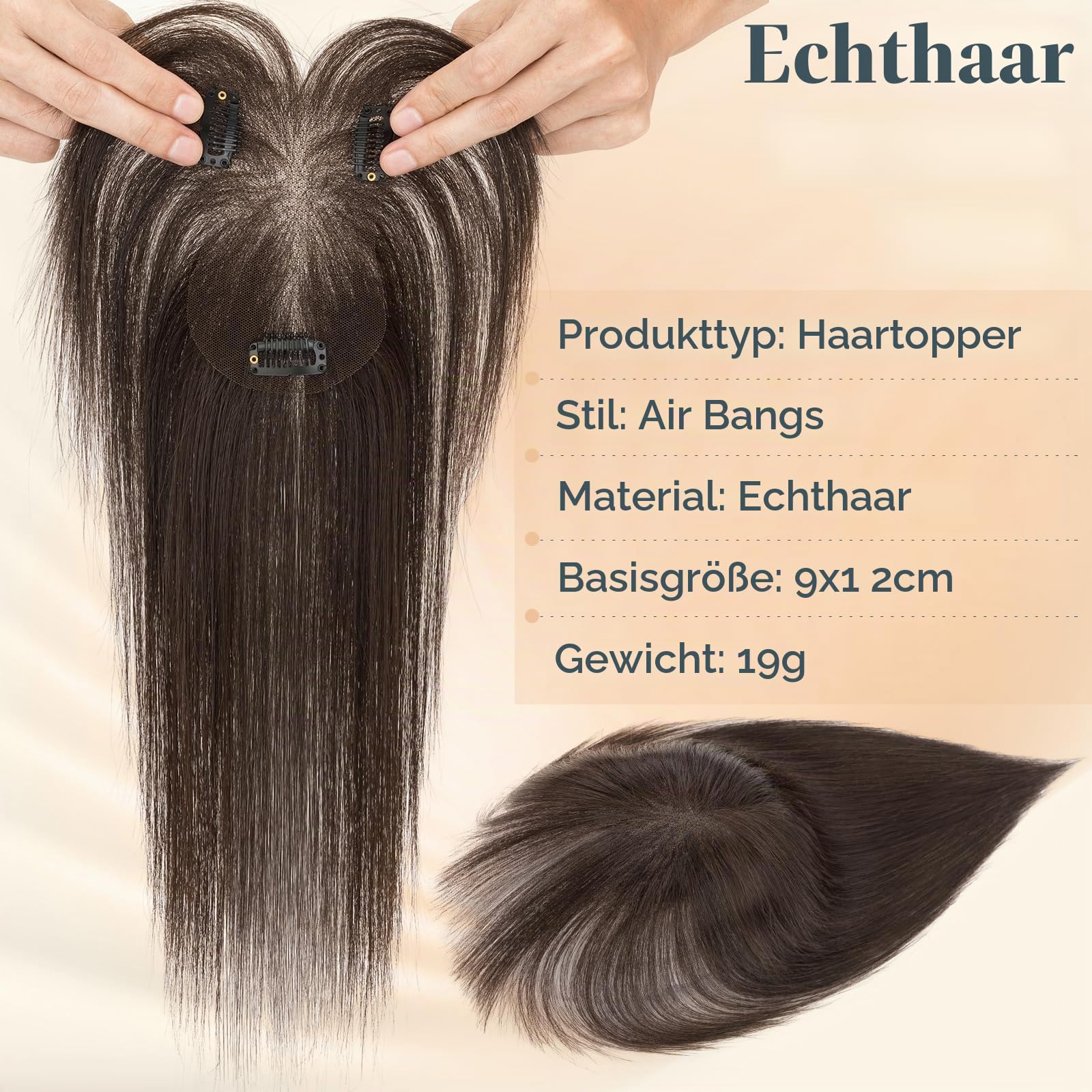 MY-LADY Echthaar Topper Damen mit Luftiger Pony, 100% Handgehäkelt Clip in Pony Haarteile Echthaar Leicht und atmungsaktiv Dunkel Braun (19g)