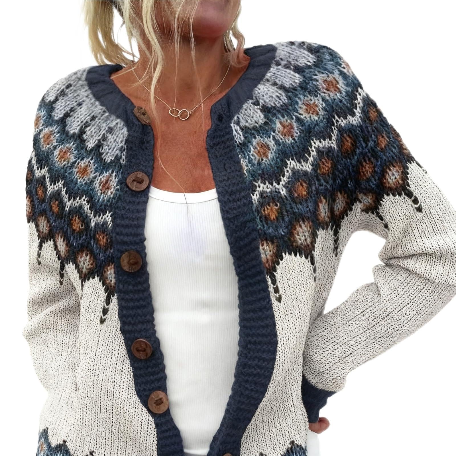 Generisch Damen Pullover Ethnisch gemusterter -Strickmantel mit Taschen langärmelig warm weich kuschelig ideal für Alltag Büro Urlaub