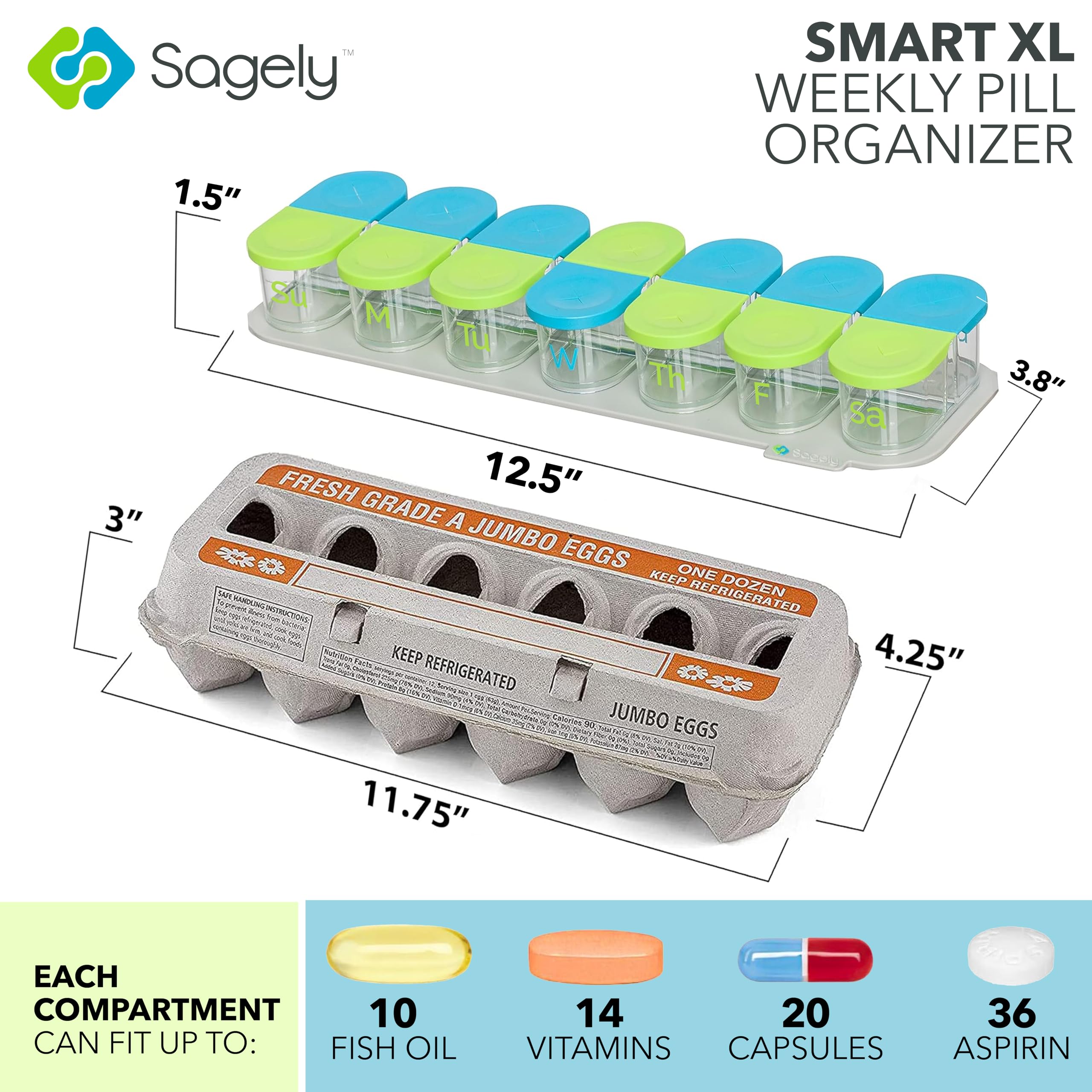 Sagely organizador inteligente de píldoras semanal – encaja 2 píldoras al día caja con envases de viaje de 7 días y recordatorio de la aplicación en azul/verde