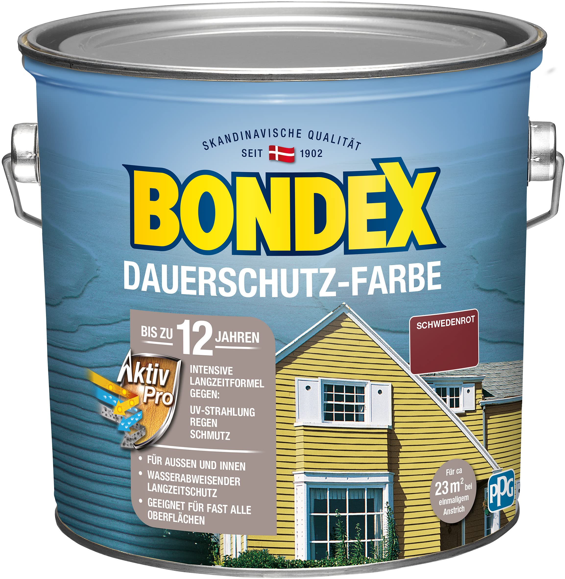 Bondex Dauerschutz Farbe Schwedenrot 2,5 L für 22,5 m² | Hervorragende Farbstabilität | Wetter- und UV-Schutz - bis zu 12 Jahre | Seidenglänzend | Dauerschutzfarbe | Holzfarbe