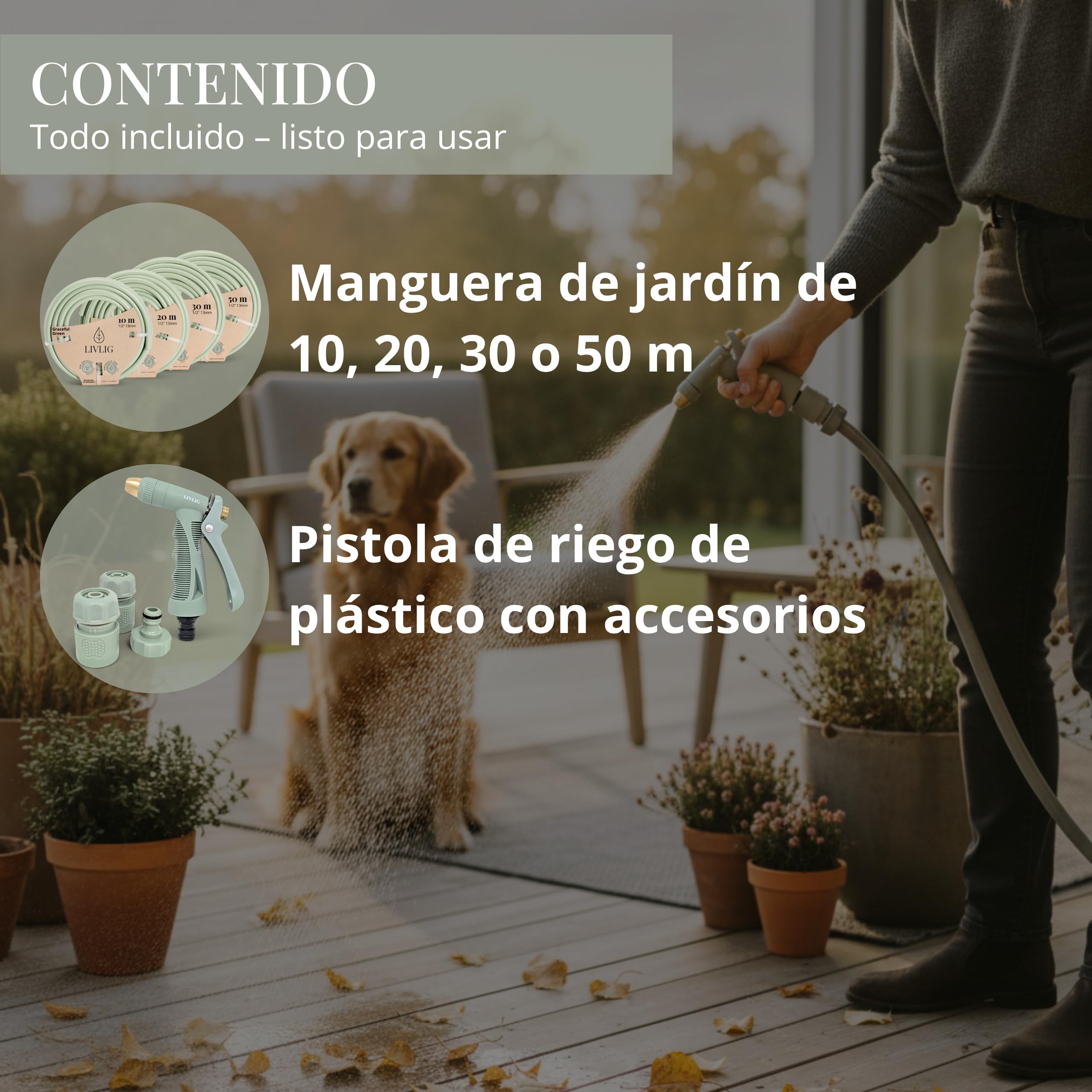 LIVLIG Set manguera 20 m 1/2" – tubo anti‑torsión y resistente a UV con pistola y conectores (G3/4, stop 1/2, rápido) – Verde