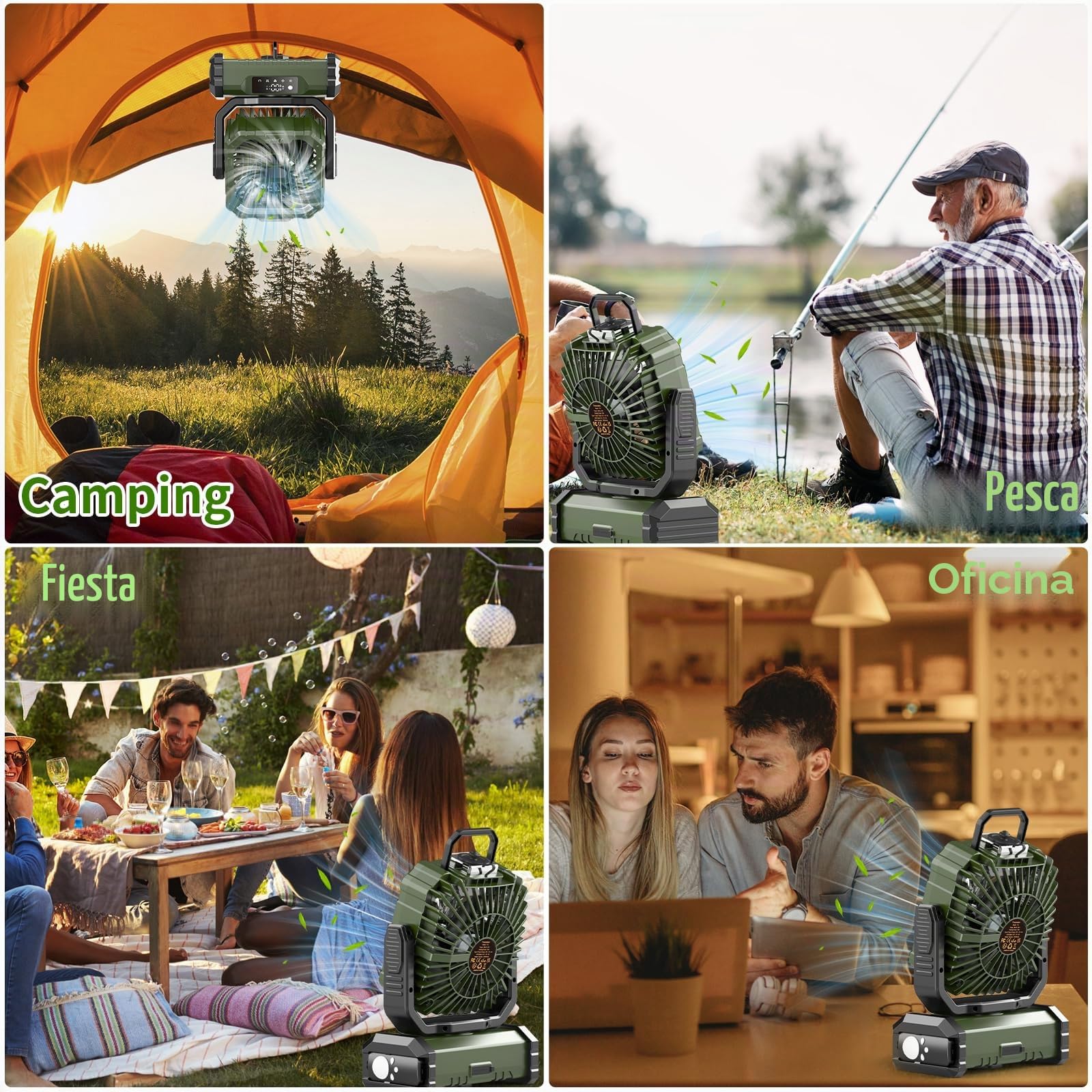 Ventilador Camping 20000mAh con Nebulizador, Ventilador Portátil Recargable Escritorio con Luz LED, Control Remoto y Gancho para Ufficio, Tienda, Exterior Viajes, Spiaggia, Pesca - Verde