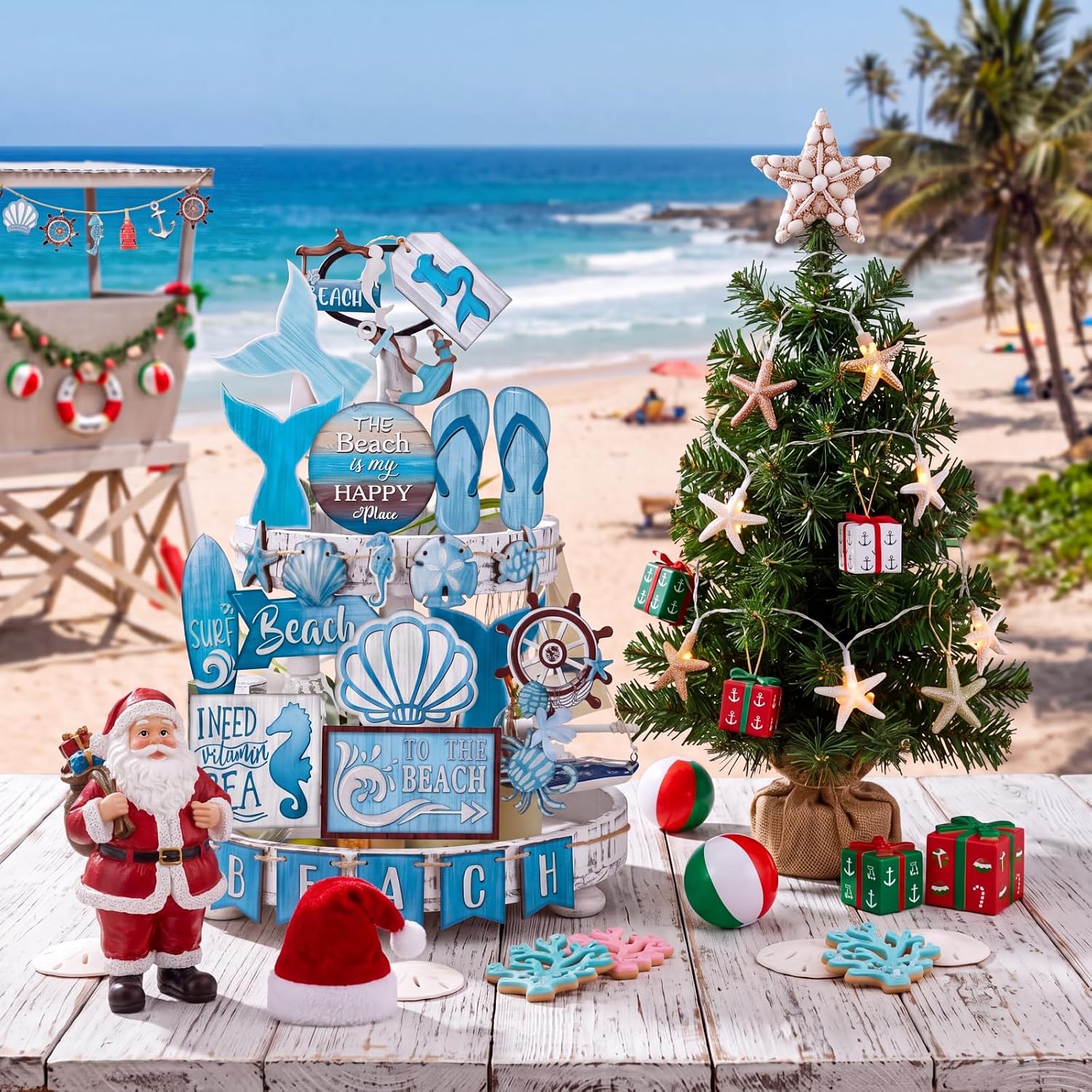 26 Pcs Summer Beach Tiered Tray Decor Set Blue Ocean Wood Signs image 4