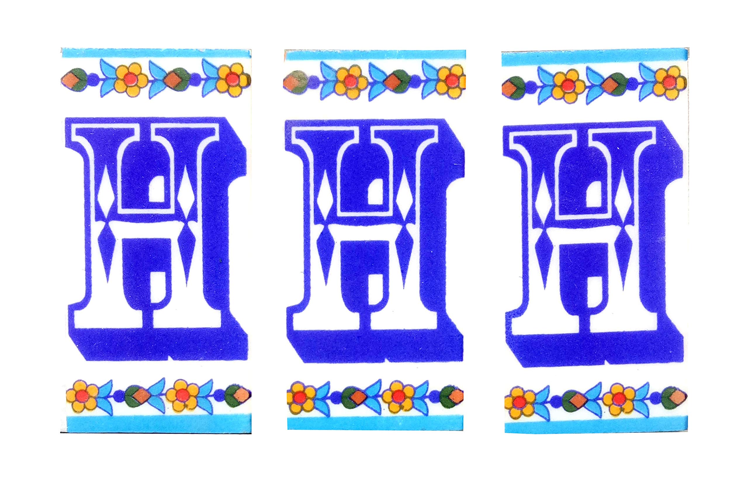 Shiv Kripa Blue Pottery Decor Wall Ceramic H Alphabets Tiles Handmade Wall Tiles 2 x 4 Inch Set of 3 Tiles (Multi Color)