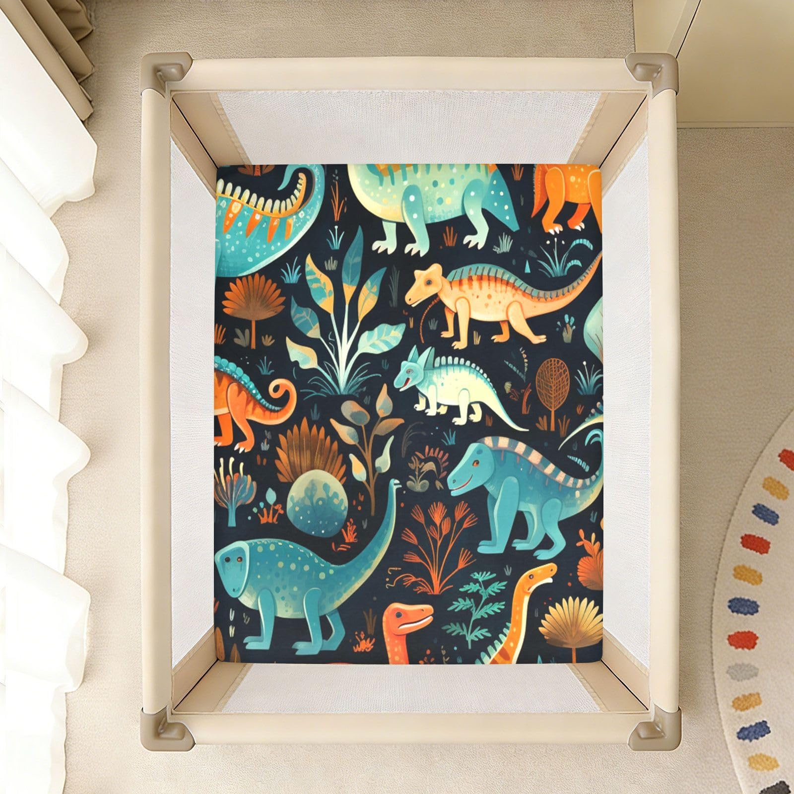 Dinosaurios Coloridos del Arte Negro Sábana de Cuna para Niños Pequeños,Sábanas de Algodón Suave para Bebés Aptas para Colchón Corralito