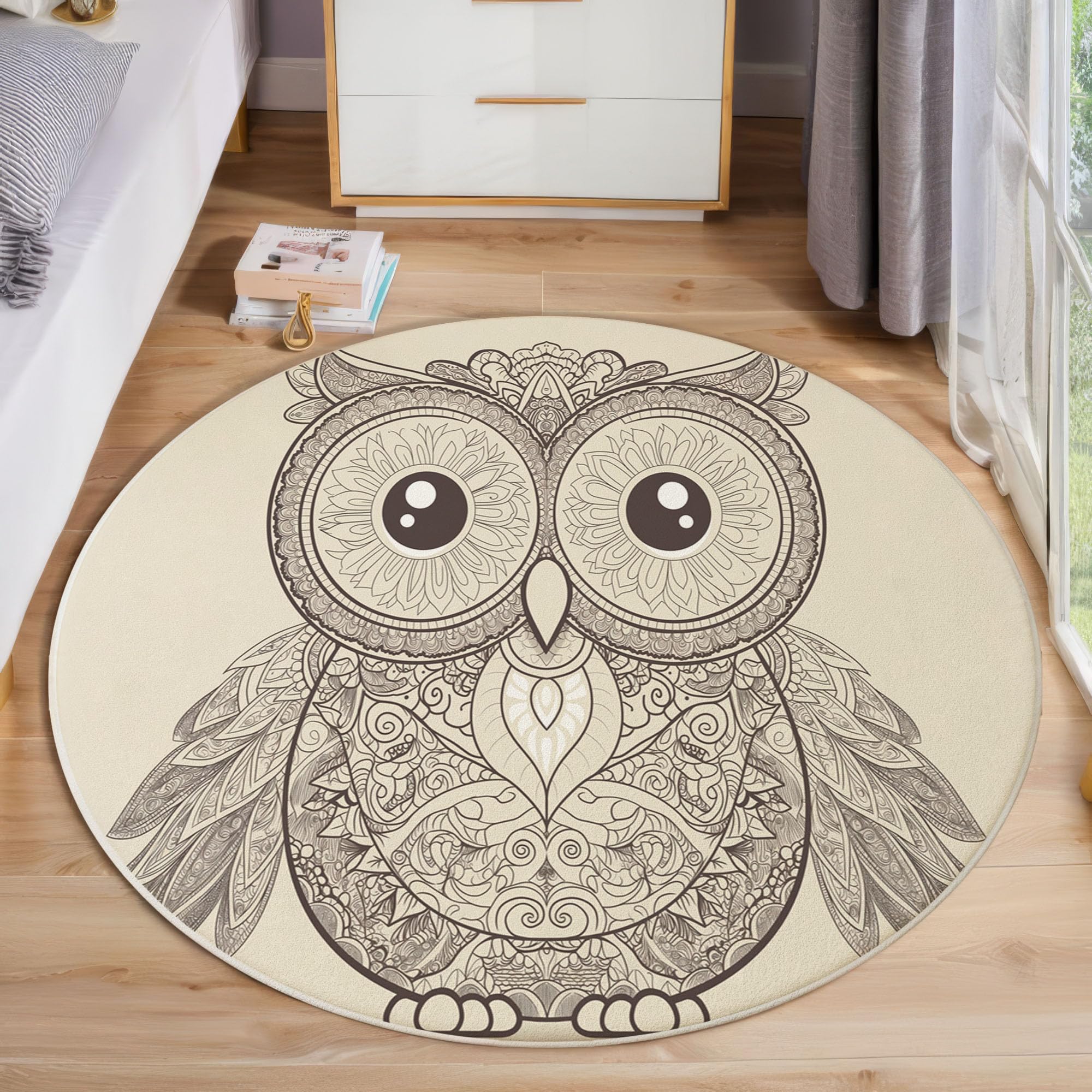 Gufo Animale Tapis Rond Antidérapant, Mandala Tapis Ronde De Salon Doux Antidérapant pour Décoration Salle à Manger Chambre Canapé (160cm, Grigio)