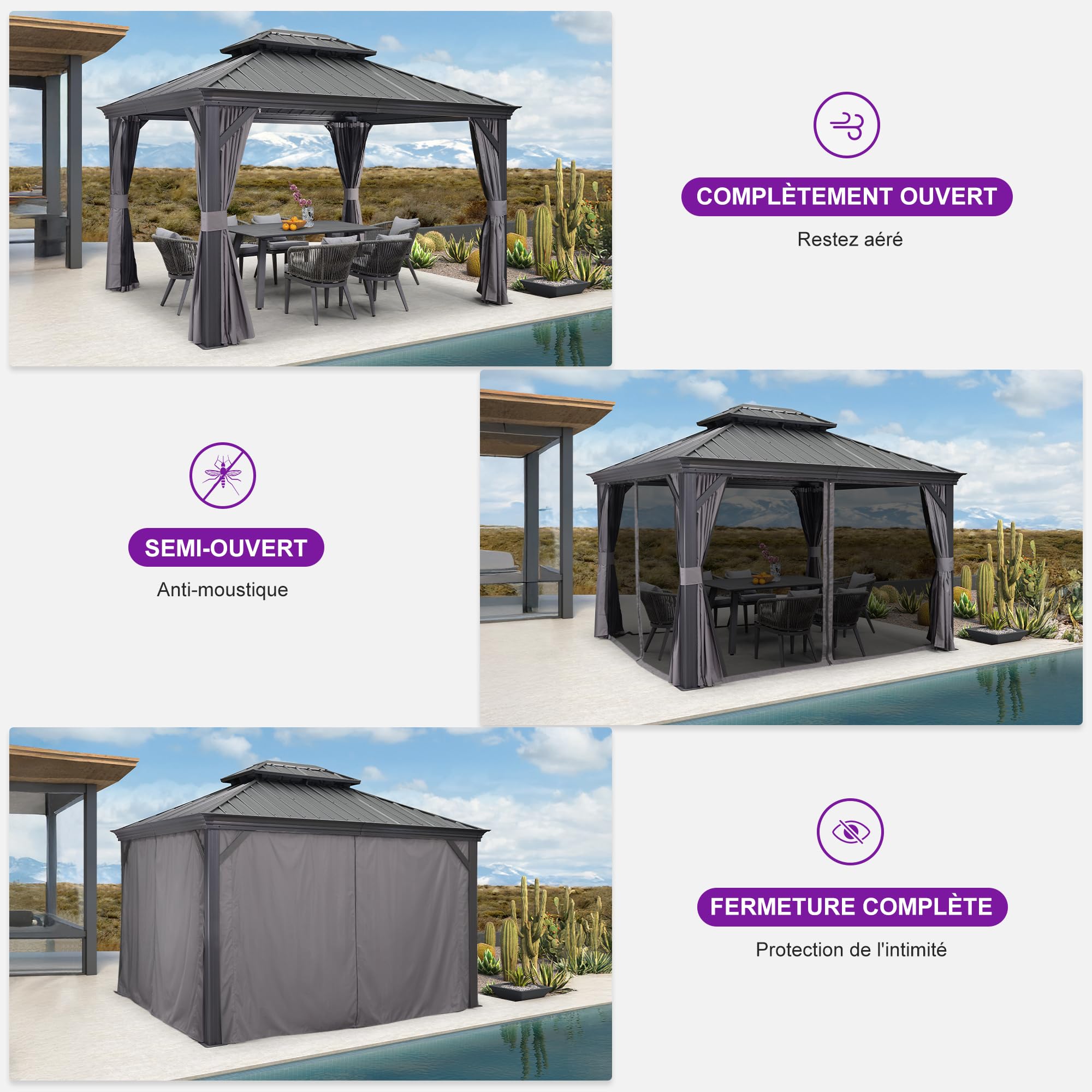 PURPLE LEAF Pergola Tonnelle de Jardin 3,65 × 3 m Toit Rigide Double Acier Galvanisé Gouttière Intégrée Poteaux Renforcés Rideaux Moustiquaire Gris