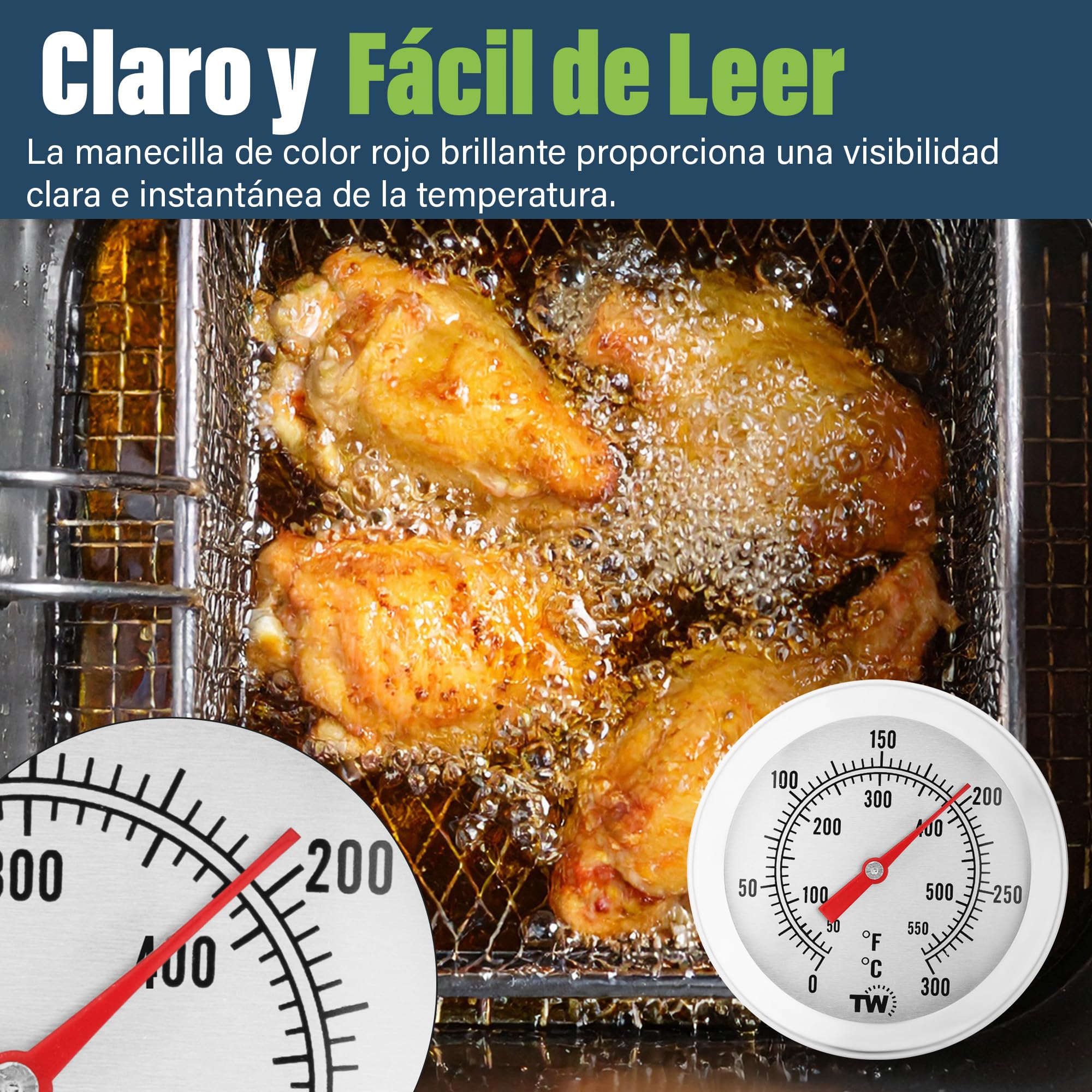 Termómetro de aceite para frituras de acero inoxidable 150 mm con clip para sartén