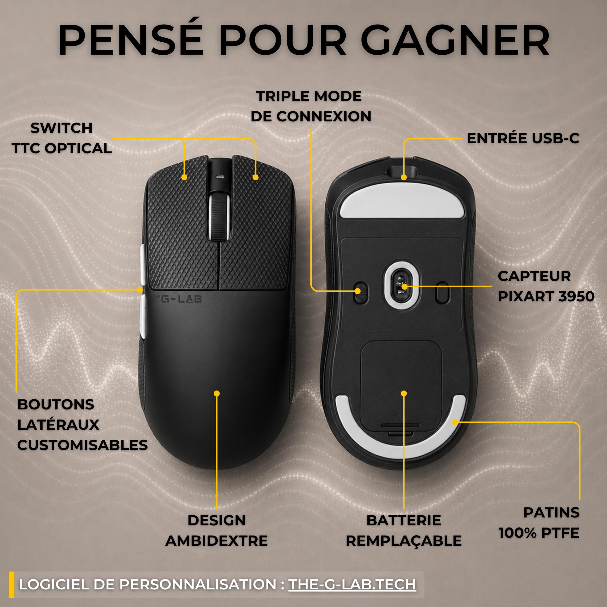 The G-Lab Kult Elite M150 - Souris Gamer sans Fil 30 000 DPI 8K Hz | Connexion Sans Fil Tri Mode 2.4GHz/Bluetooth/Filaire, Capteur PixArt 3950,30 000 DPI, 8000 Hz Polling Rate, 200H Autonomie