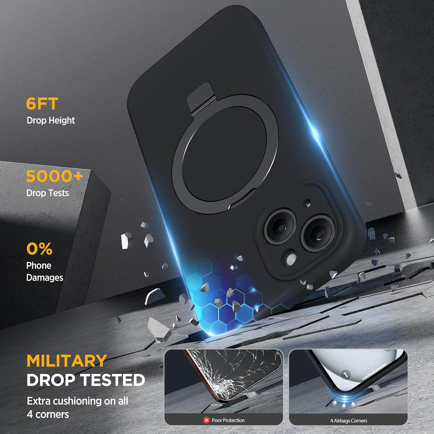 Miracase for iPhone 15 Case with Stand, Compatible with All MagSafe Accessories, Liquid Silicone Case Gel Rubber Shockproof Drop Protection Phone Case for iPhone 15, Black Mag-Stand - Image 5