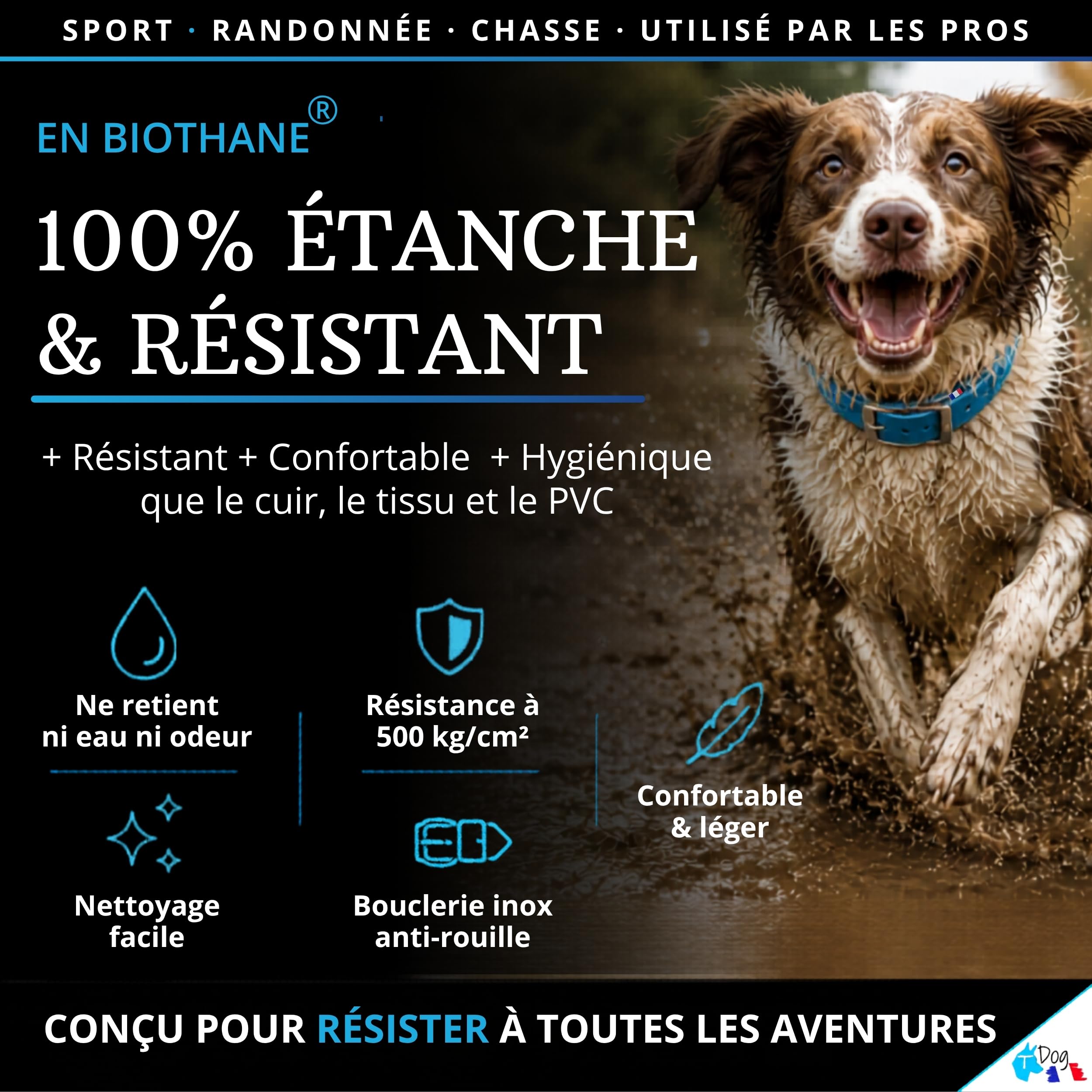 Collier Chien personnalisé Biothane - Fait Main France - Collier gravé au Laser - Gravure prénom et numéro téléphone - Sport Chasse Rando - Collier étanche et résistant pour Chien - TDOG (Rouge)