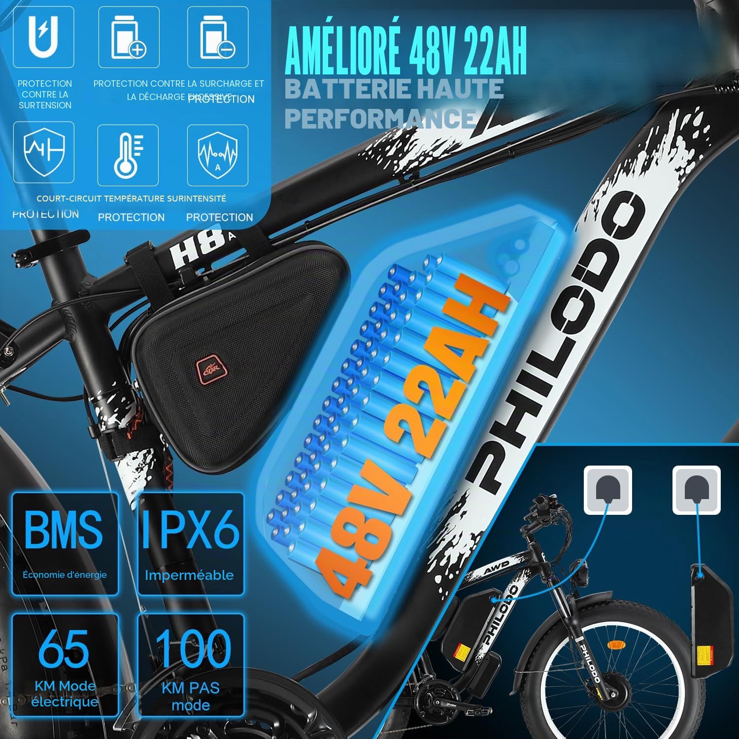 Vélo électrique pour Adultes, 26 * 4 inch Fat Tire 48V 17.5Ah Batterie Amovible autonomie 50KM-70KM vélos électriques, 21 Vitesses, Suspension Avant, Frein à Disque hydraulique