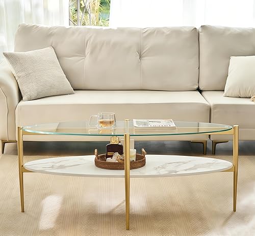 Miniatura 18 de Shrine - Mesa de café rectangular, diseño moderno de mediados de siglo, estructura de 2 niveles, parte superior de vidrio transparente y estante de