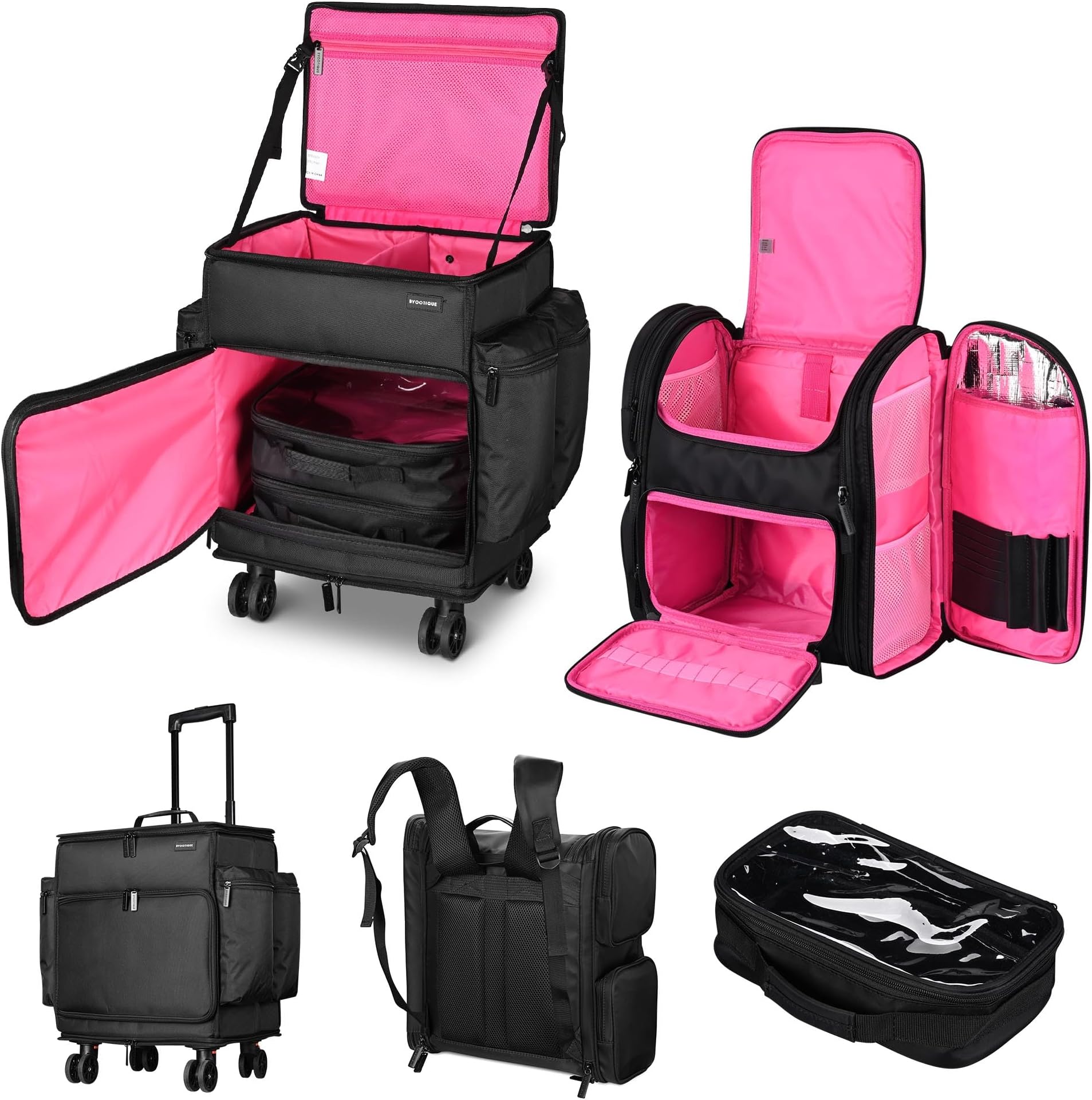 BYOOTIQUE Rolling Hairdresser Organizer Case with Hair Tools Travel Bag Backpack for Hair Stylist Tools Curling Iron Hair Straightener Salon Barber Shop, Pink