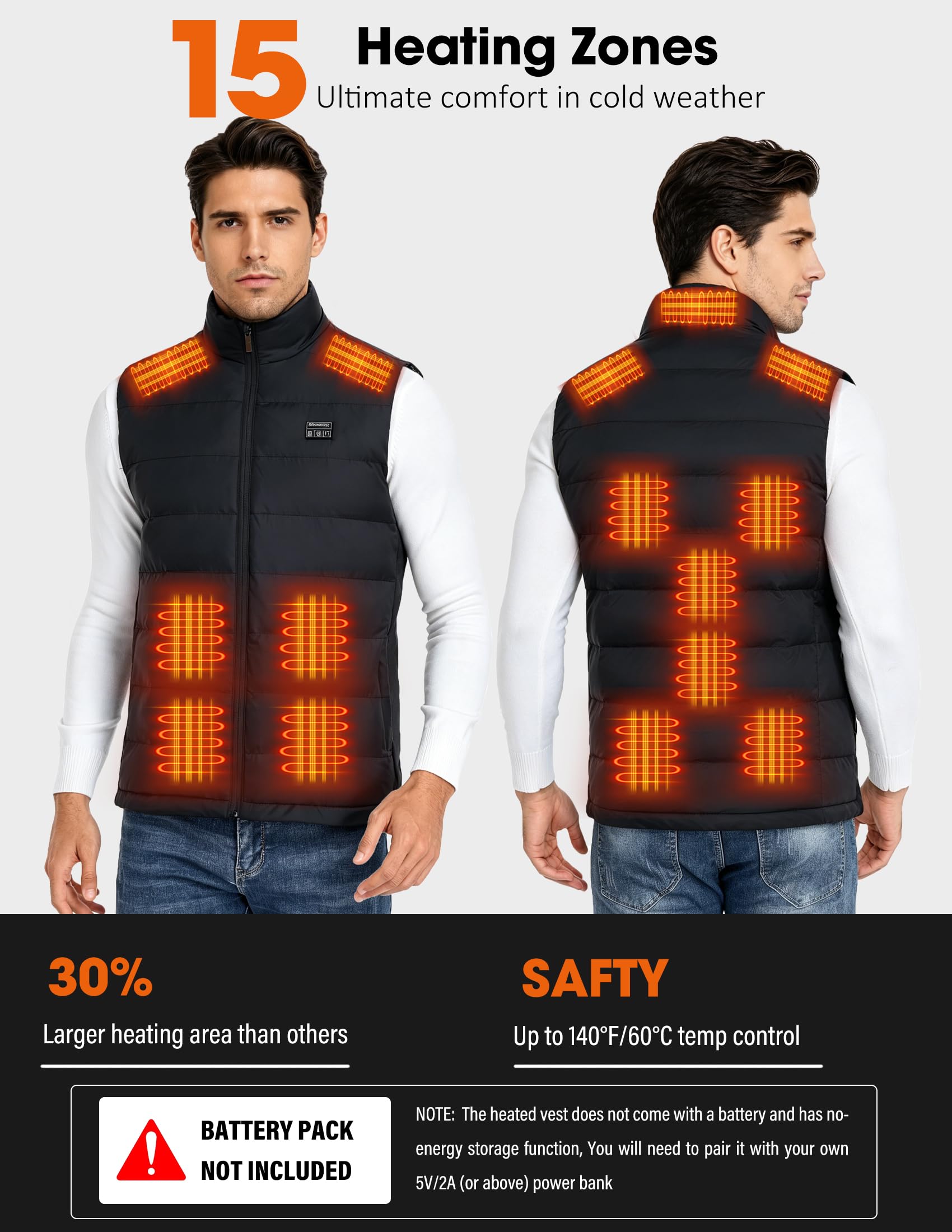 Gilet Chauffant Polaire Homme,Veste Chauffante pour Hommes 15 Zones Chauffage,Boutons Intelligents 3 Modes Électrique USB Chauffe Vêtement,Pour Travail en extérieur, Vélo, Moto, Ski