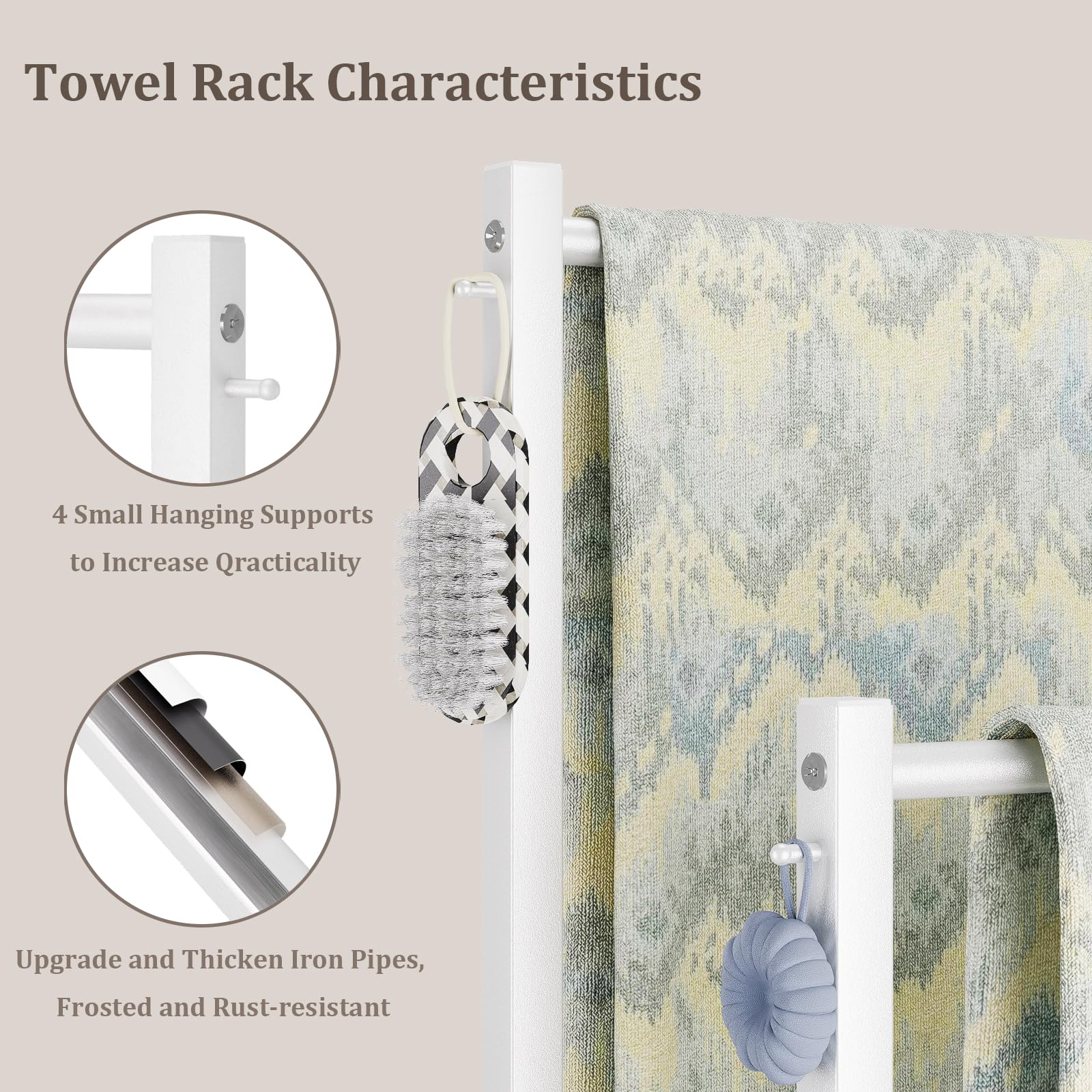 Yawinhe Portasciugamani da Terra, Porta Asciugamani Bagno con 2 Bracci, Accessori da Bagno,Organizzatore per Asciugamani, Coperte, Vestiti, 39x26x80cm, Bianco, SMJ002W-