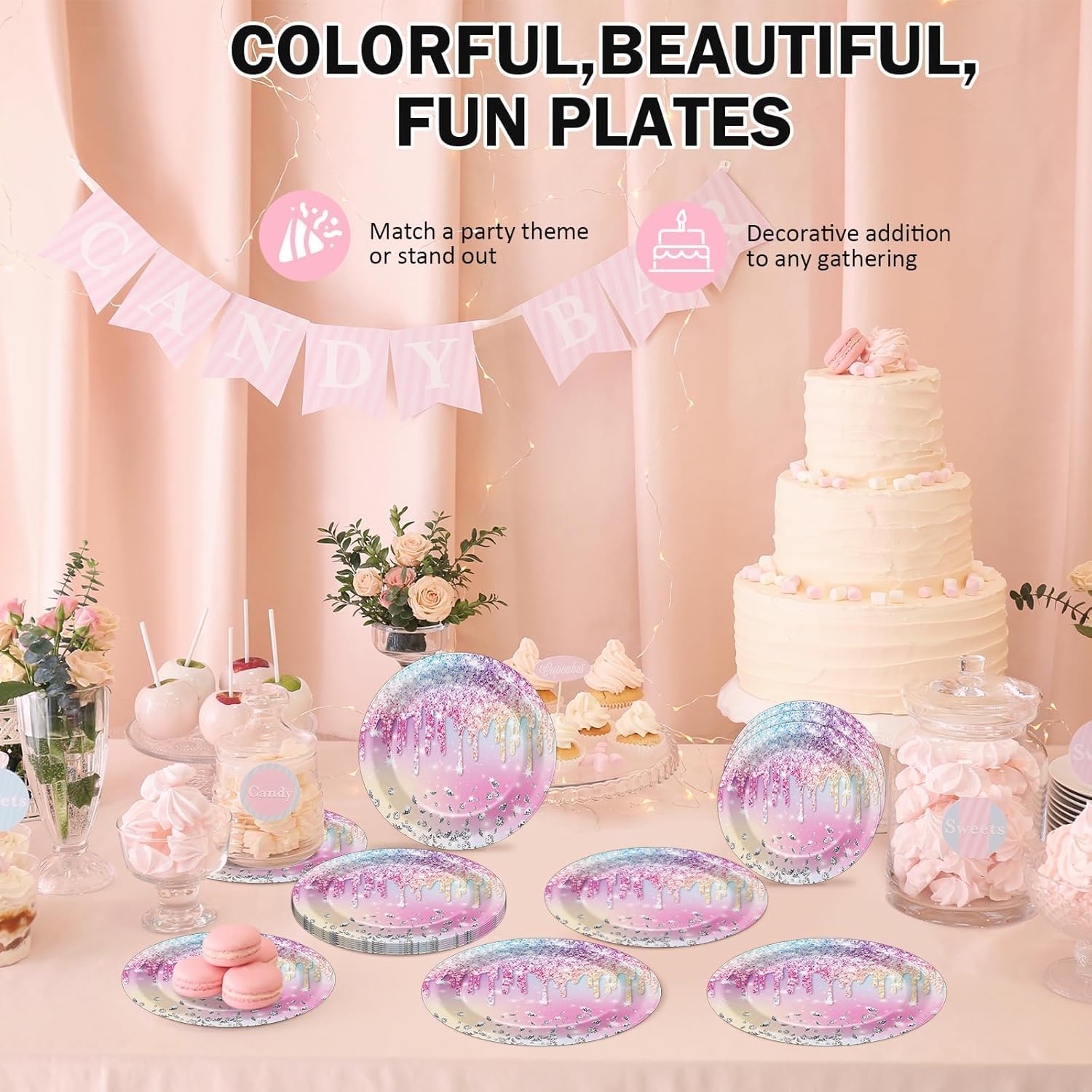 CHUNNIN 100 Pcs Iridescent Diamond Glitter Party Plates - Disposable Dessert Plates for Girls Birthday Party Decor and Supplies - Image 5