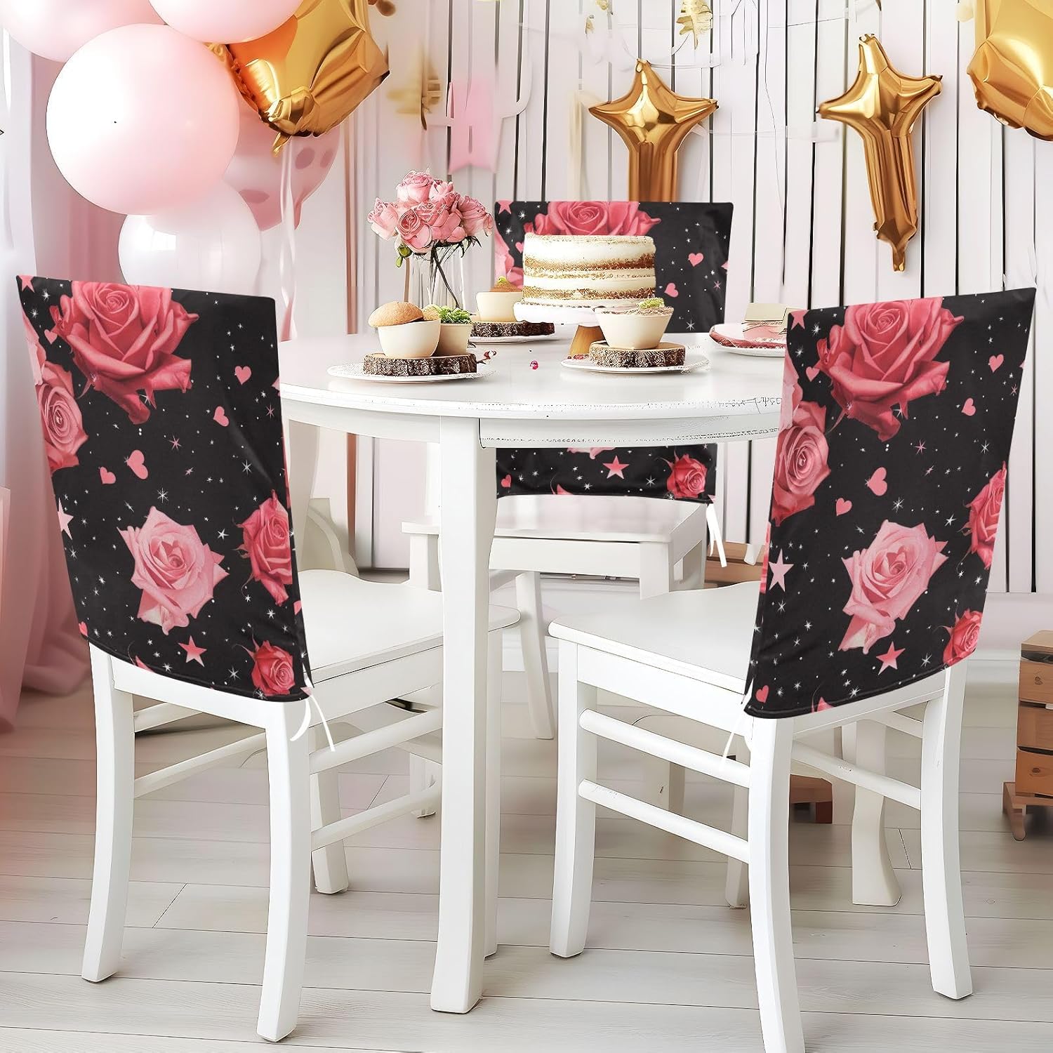 ALAZA Roses Stars Hearts Chair Back Cover Set of 6, Washable Reusable Removable Chair Slipcovers Decorative Chair Cover for Home Kitchen Wedding Party