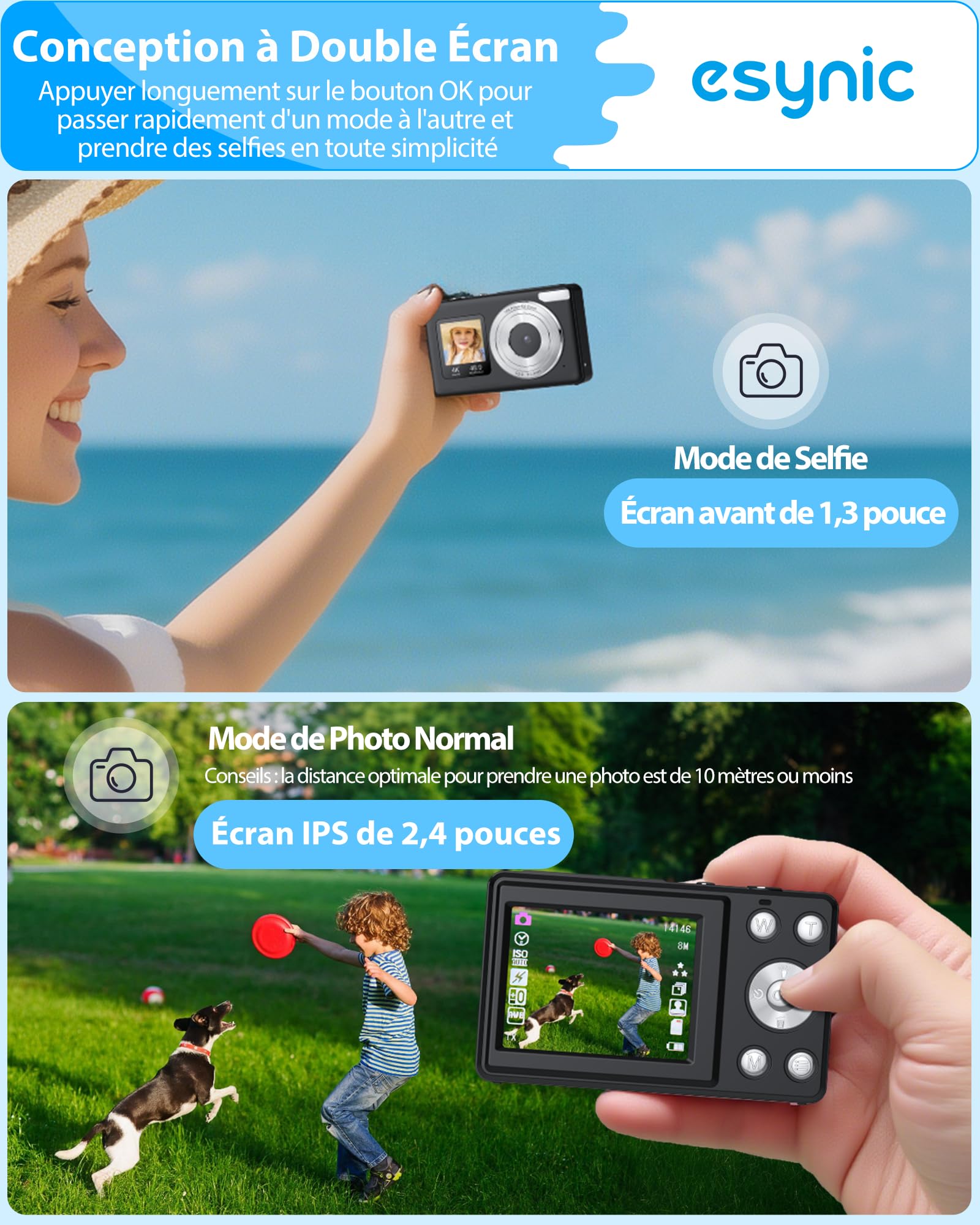 eSynic Appareil Photo Numérique 4K 48MP 18X Zoom Numérique Deux Écrans LCD Carte Mémoire 32 Go Noir