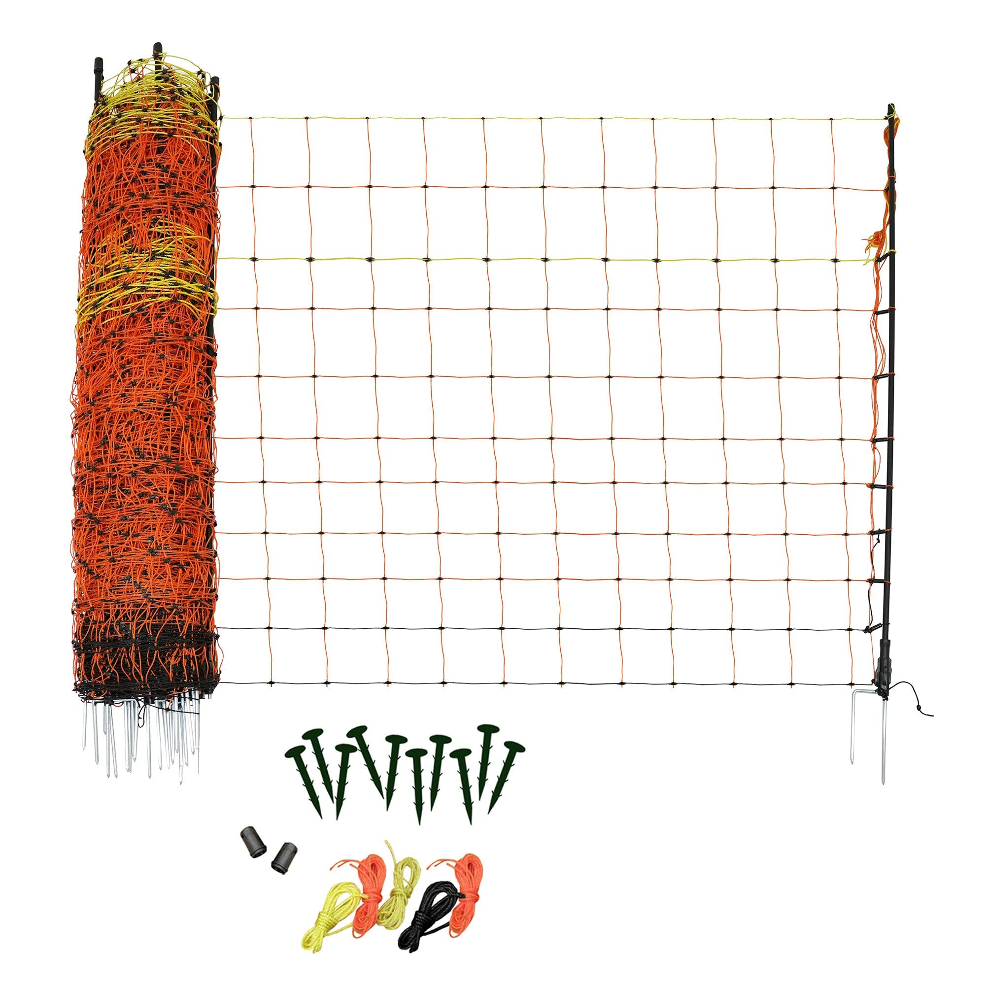 Malla Eléctrica para Aves de Corral 50m Conductora | 1.2m de Altura | Polietileno con Alambre de Acero Inoxidable | 14 Estacas Dobles + 10 Estacas de Tierra extra | Kit de Reparación INCLUÍDO