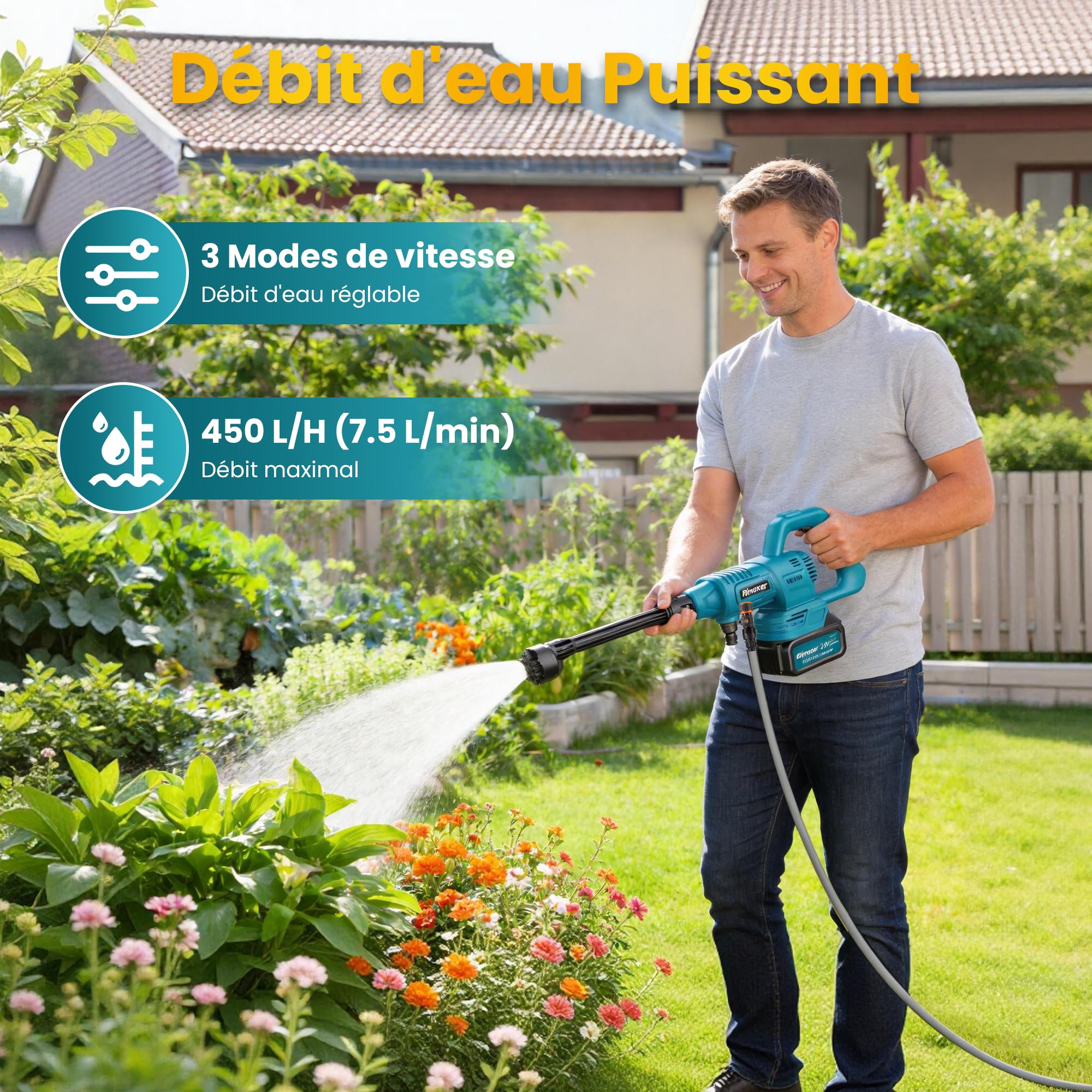 Nettoyeur Haute Pression sans Fil, Pistolet Nettoyeur Haute Pression Portable avec 2x4400mAh Batterie, Moteur sans Balais, 75 Bar, 7.5 L/Min, Buse Réglable 6 en 1, pour Voiture, Jardin, Terrasse