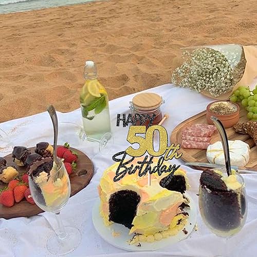Miniatura 5 de 1 paquete de decoración de pastel de cumpleaños 50 negro dorado con purpurina para 50 años de cumpleaños de 50 años, decoración de pastel de