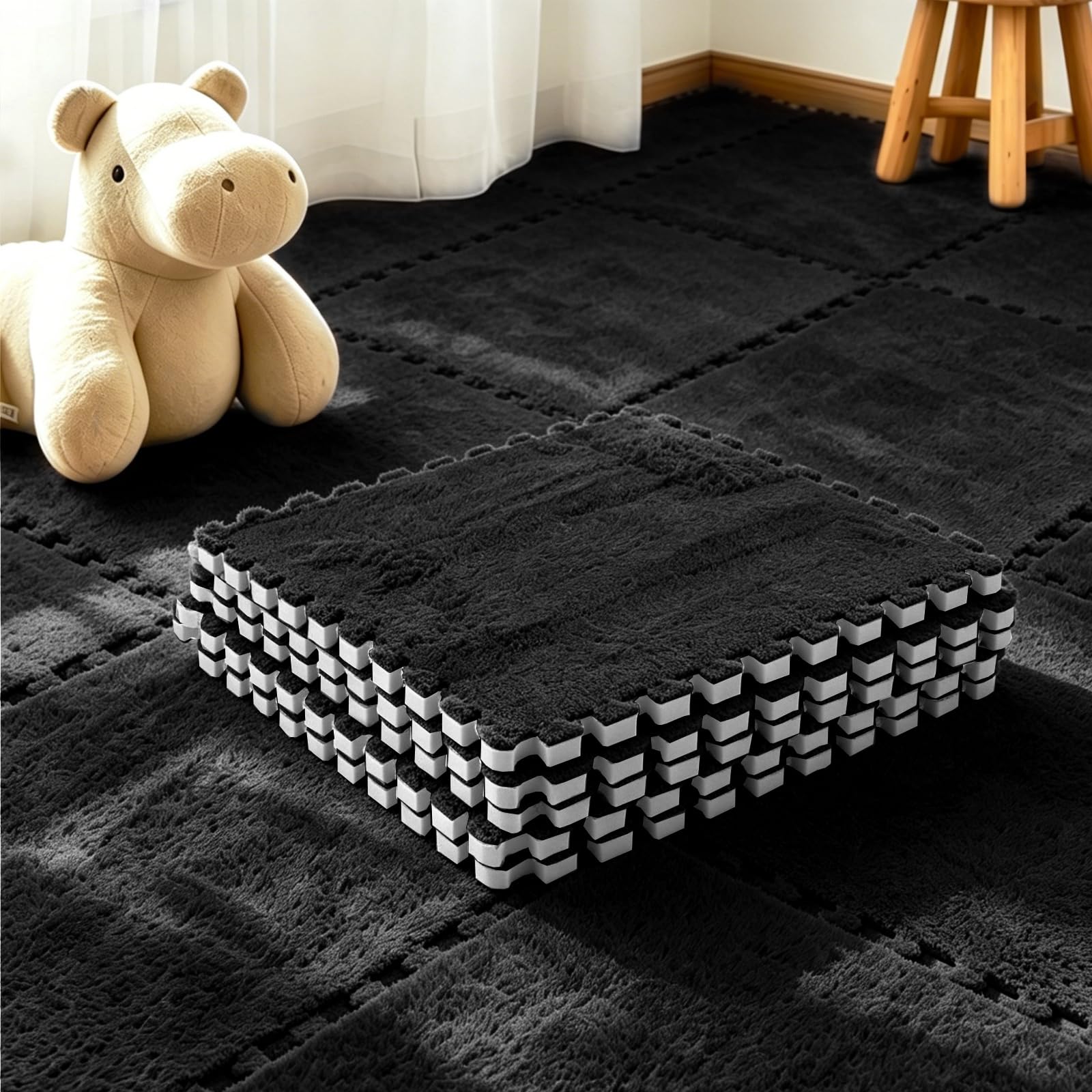 Oungy 20Pcs Plush Crawling Mat, 30x30cm Carpet Puzzle Floor Tiles, EVA Foam Plush Interlocking Carpet Tiles, Non-Slip Puzzle Carpet Fluffy Floor Tile for Bedroom, Living Room - Black