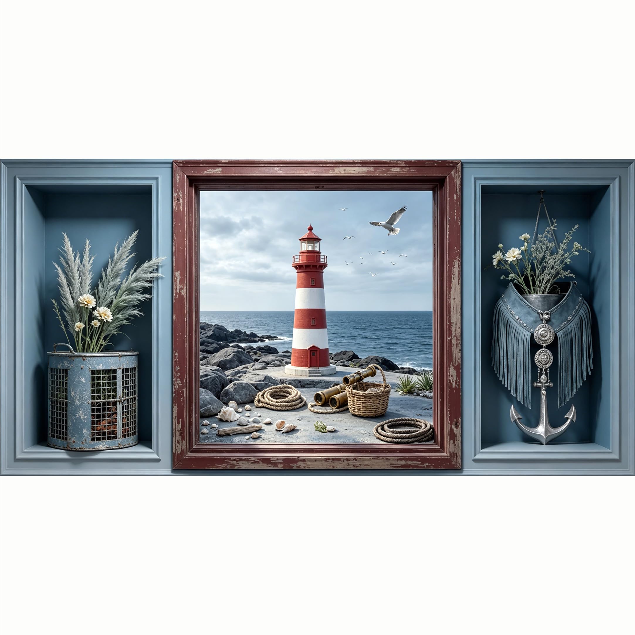 QZLITHOTIC 50x100cm 3D Framed Wall Art， Coastal Lighthouse Nautical Ocean View SelfAdhesive Mural， Water‑Activated Peel & Stick Fabric Decor Wall Decal for Bedroom Living Room