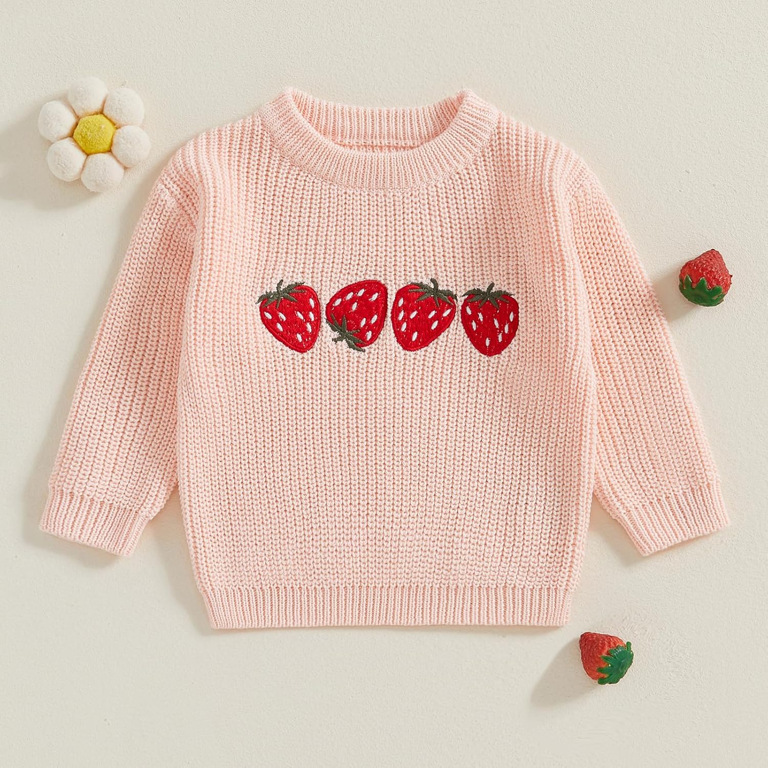 Toddler Baby Girls Sweater Strawberry Embroidery Knit Sweatshirt Pullover Knitwear Knitted Warm Fall Winter Clothes - Image 2
