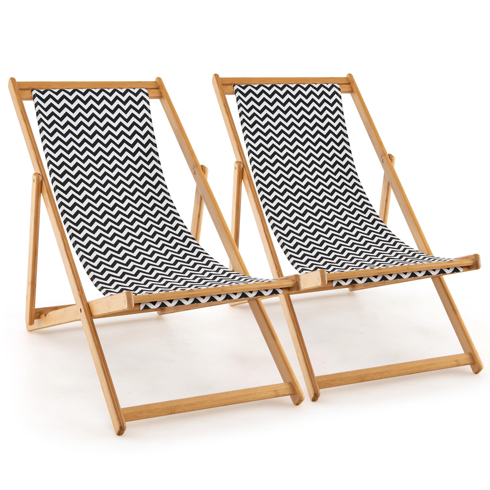 COSTWAY Folding Deck Chair, 3-Position Adjustable Bamboo Outdoor Sling Chair with Breathable Canvas, Portable Seaside Sun Lounger Garden Chair Recliner for Beach, Lawn and Poolside (2)