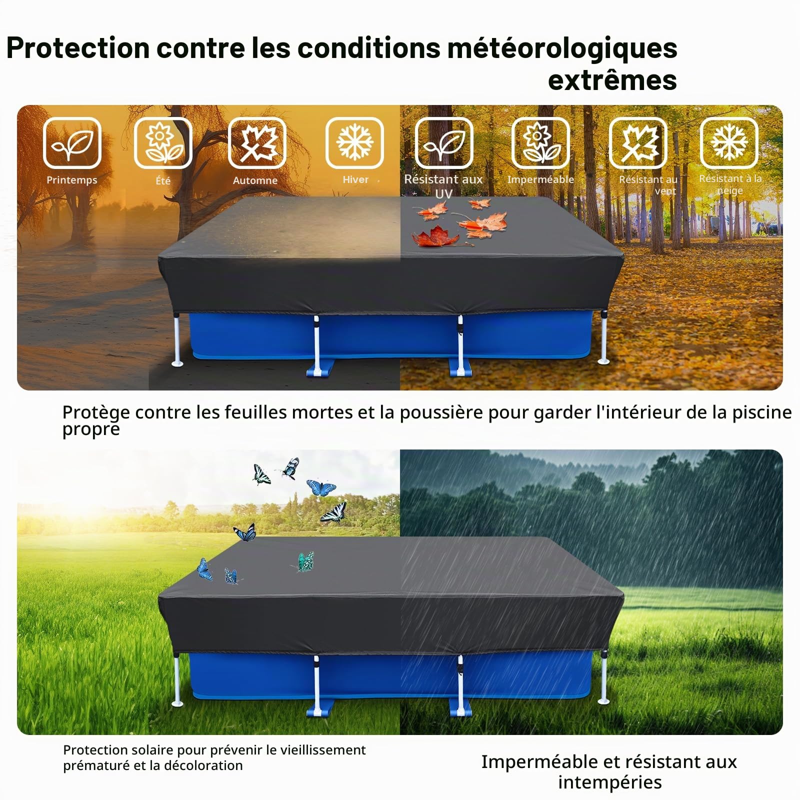 Bâche de piscine rectangulaire - 2 x 3 m - 300 x 200 cm - Facile à installer - Anti-poussière - Pour piscine à cadre rectangulaire