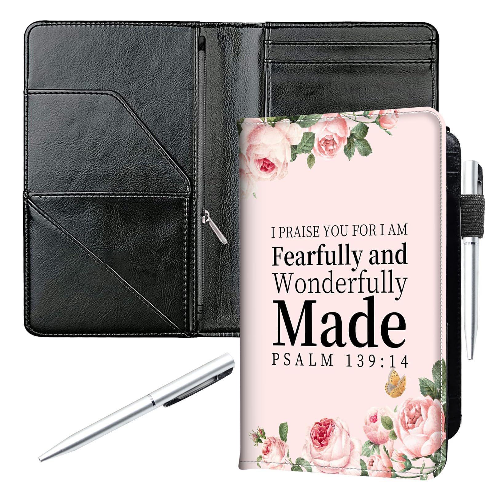 Server Book for Waitress,5.5x8 Inch - Waiter Book with Zipper Pocket,Pen Holder & Cash Compartments,Waterproof PU Leather Guest Check Organizer for Tips,Cards, Receipts,Pink Psalm 139:14