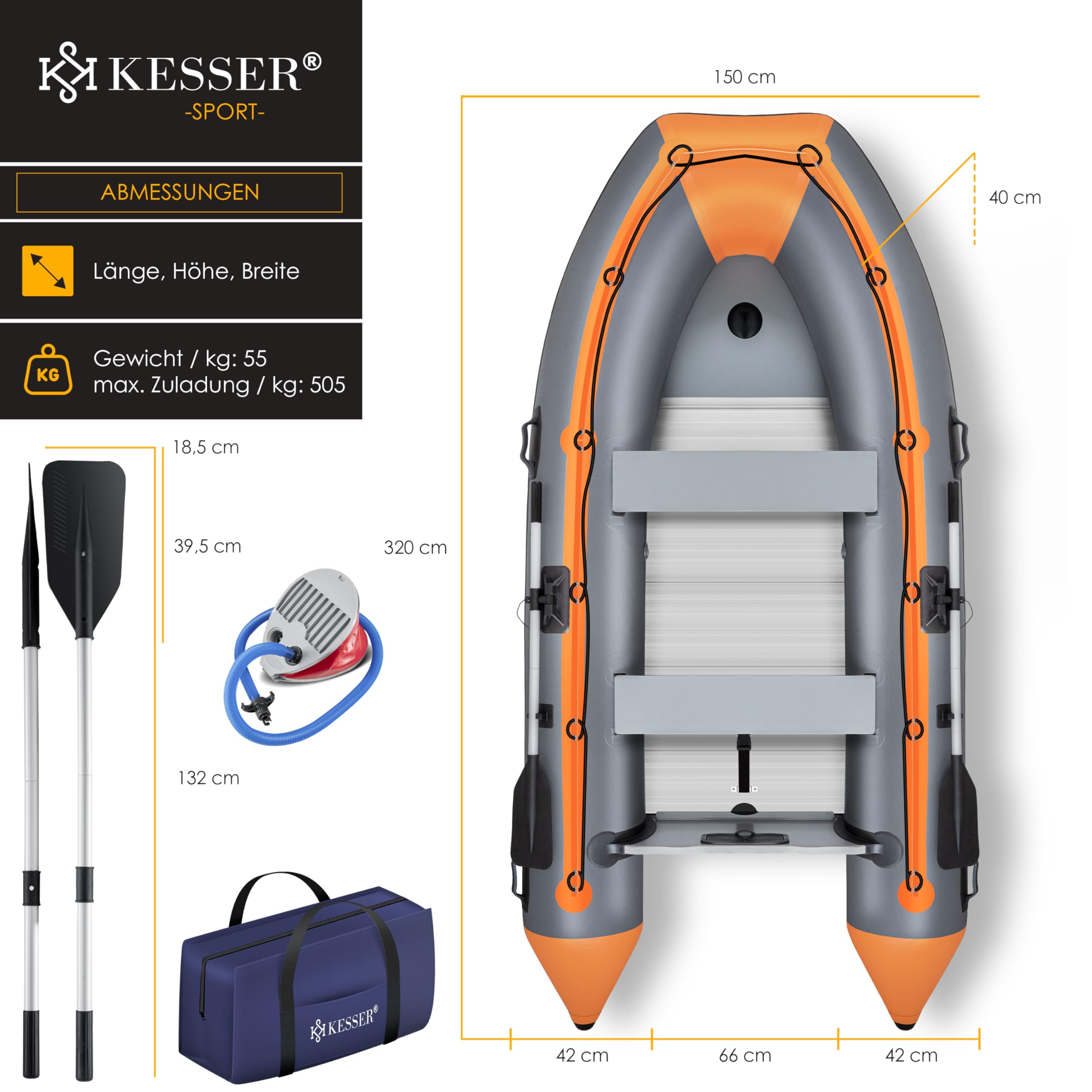 KESSER® Bateau pneumatique 3,20 m pour 4 Personnes - Wave Moteur adapté de Loisirs Bateau à pagaie/ à Moteur Bateau de pêche - avec 2 bancs - Plancher alu pagaie Pompe kit de réparation