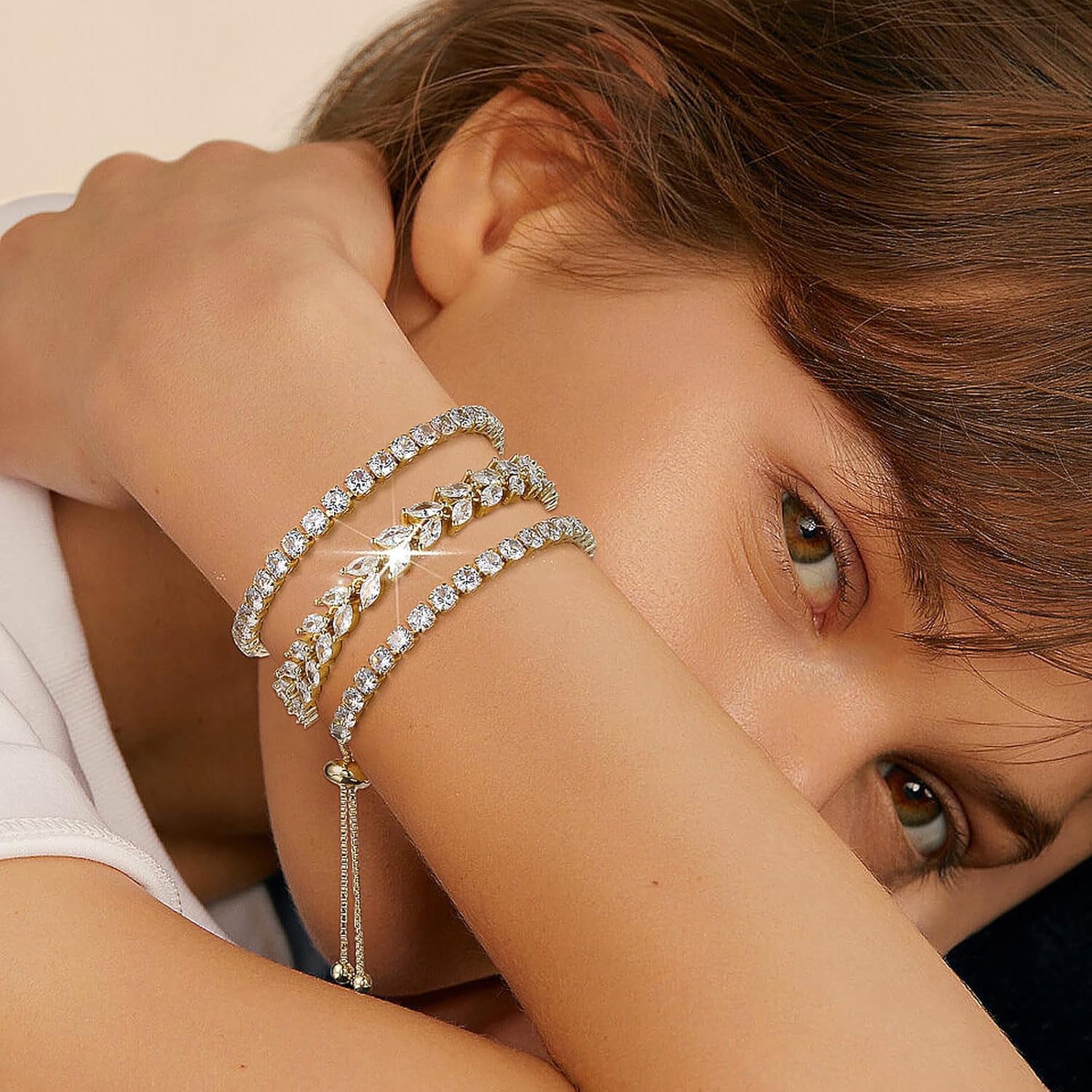 4 Pcs Tennis Bracelet Set Silver Plated Marquise Cubic Zirconia CZ Diamond Dainty Adjustable Silver Bracelets for Women Brides Stackable Fashion Jewelry Wedding Prom Gift - Image 3