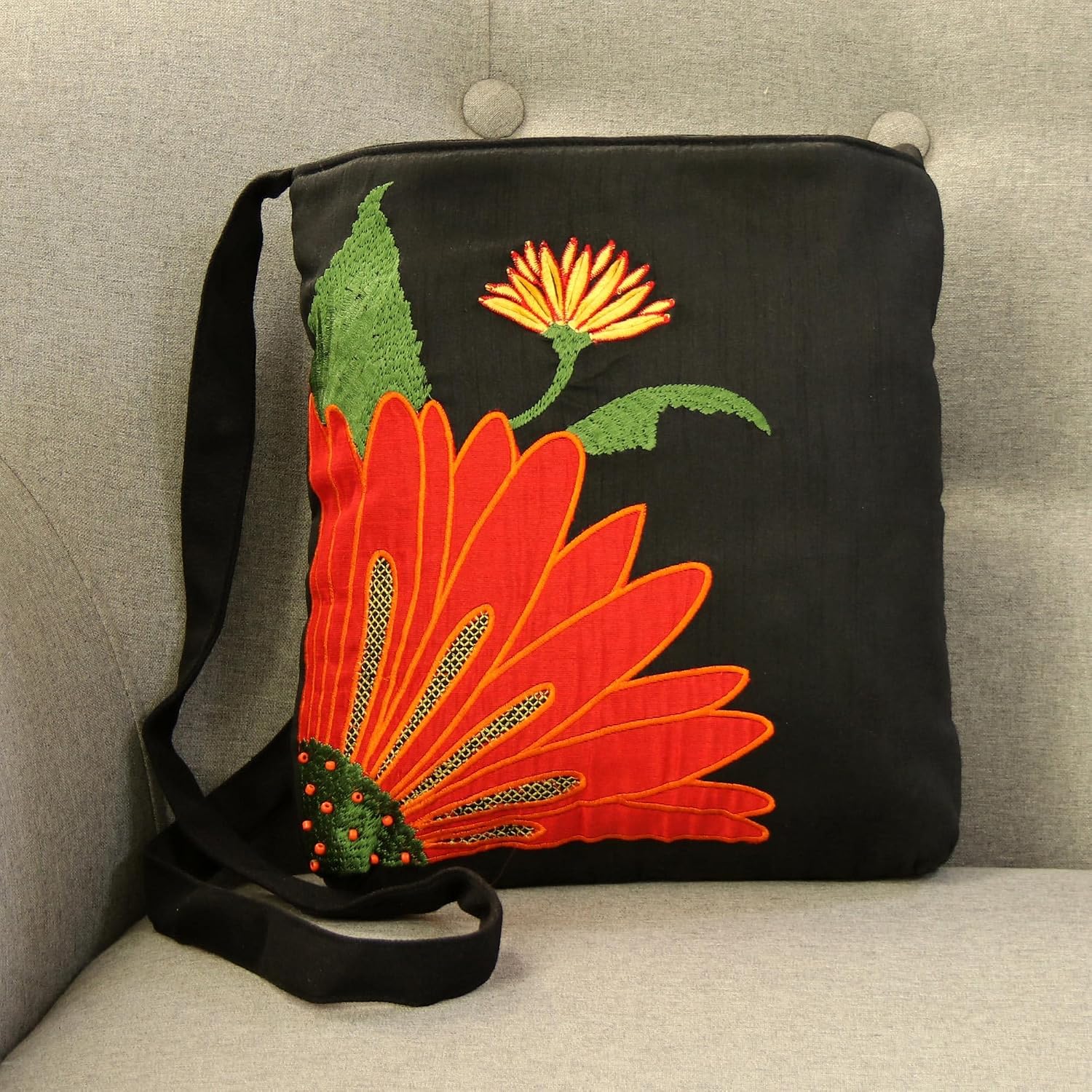 NOVICA Artisan Hand Embroidered Cotton Blend Sling Floral Handbag from India Rayon Handbags Black Multicolor Shoulder Slings ' Lovely Blossom'